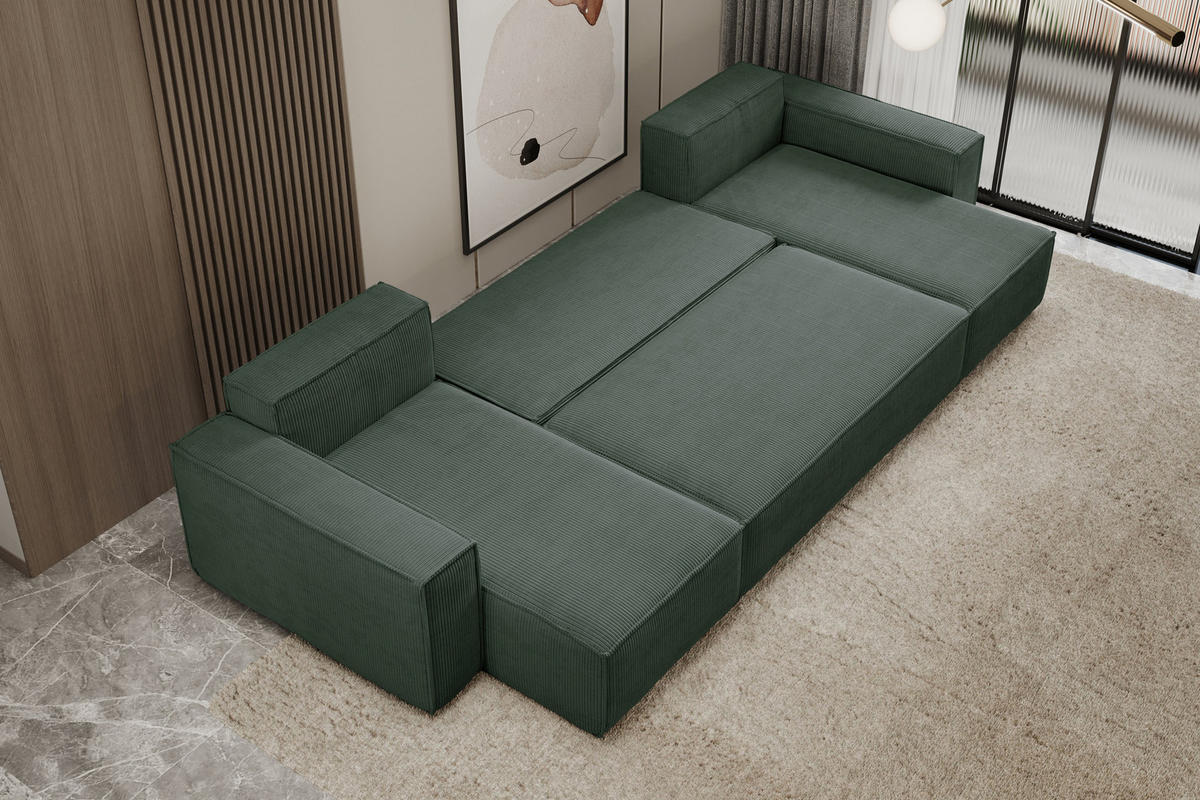 WOHNLANDSCHAFT Hugo U-Form Cordstoff mit Schlaffunktion und Bettkasten - Grün, Textil (312/83/142cm) - VENASI MÖBEL