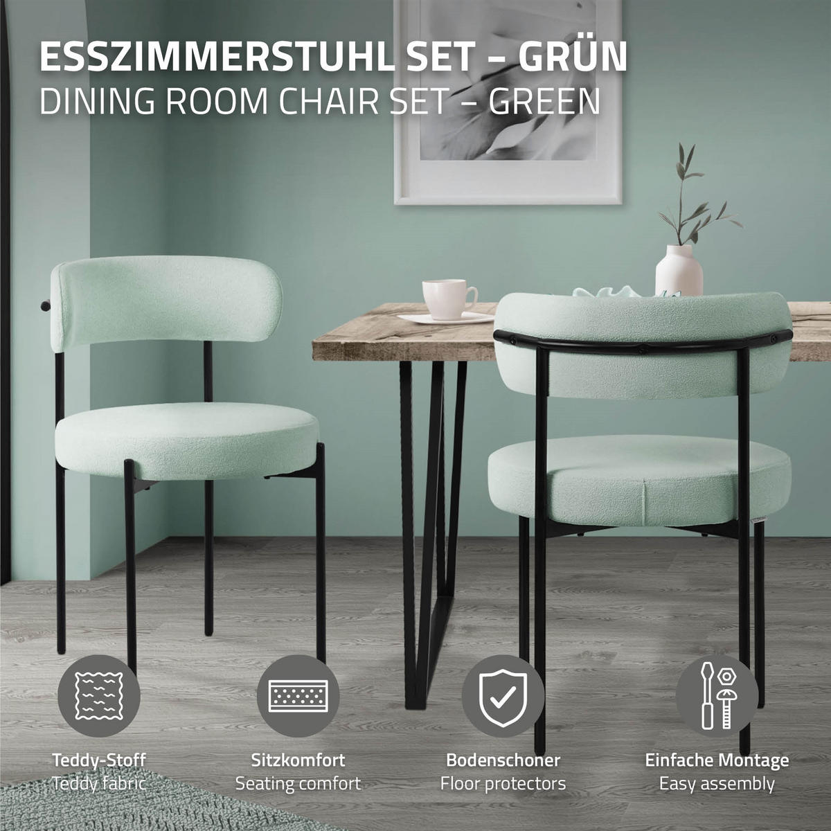 ESSZIMMERSTÜHLE 4ER-SET Grün Teddystoff - Schwarz/Grün, Metall (53/78/50cm) - ML-DESIGN