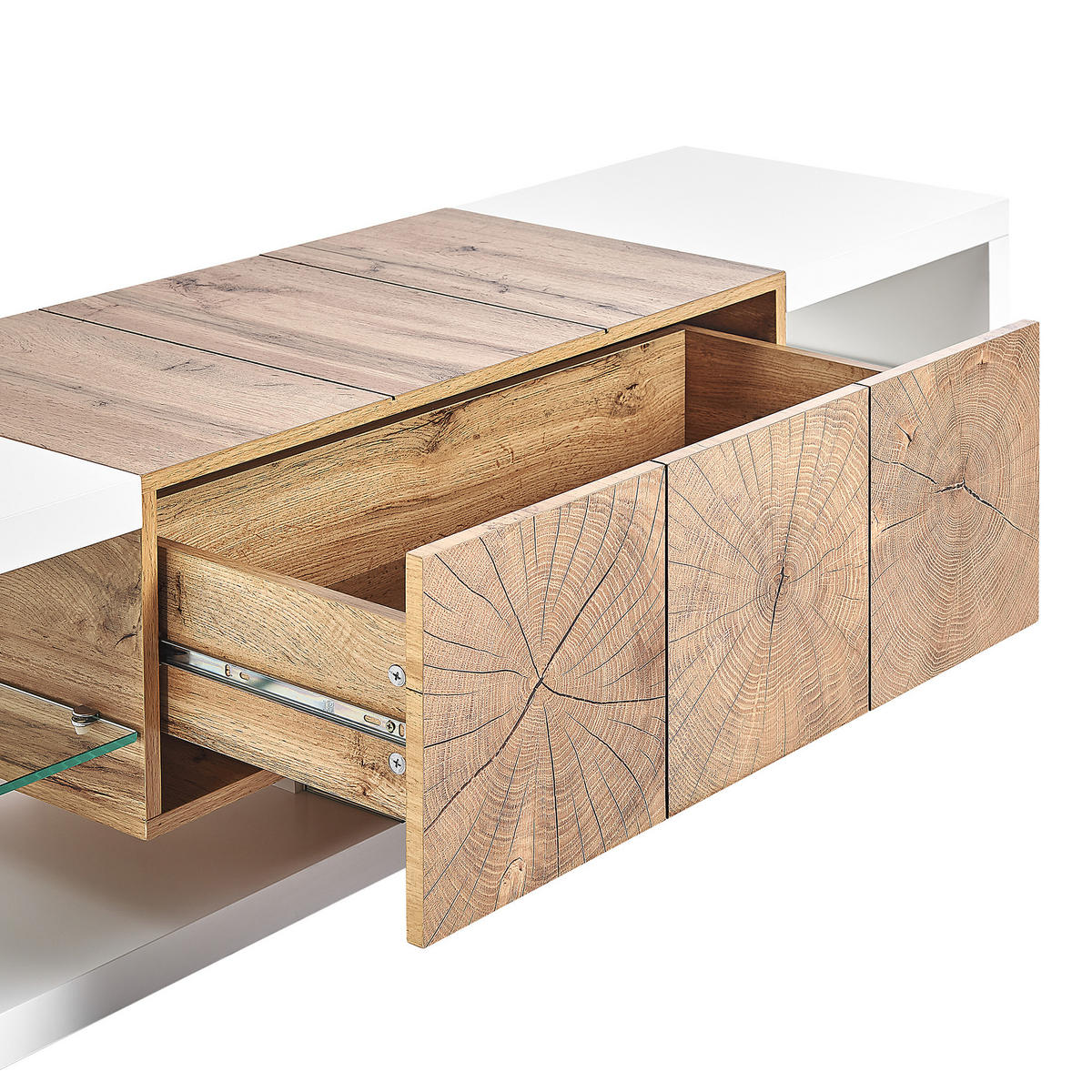 TV OMARICA bela, svetlo rjava FULERTON 42/160/40 cm - bela, leseni material (160/40/42cm) - Beliani