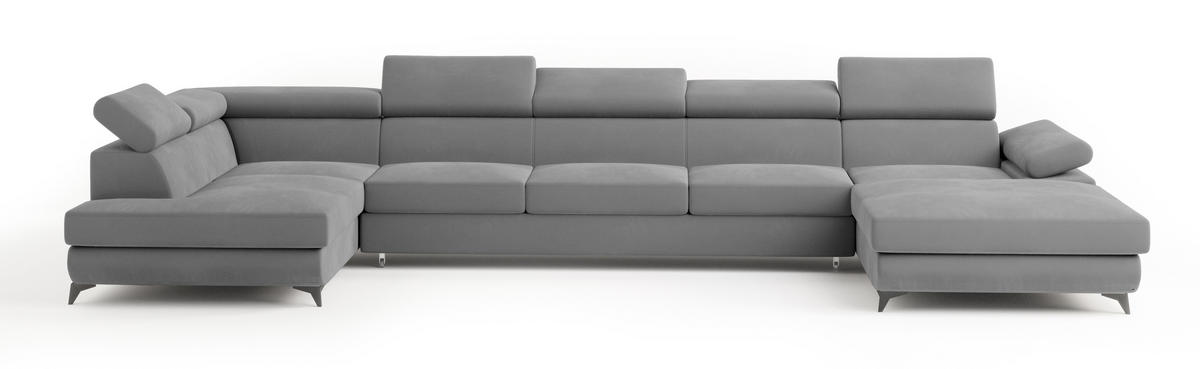 WOHNLANDSCHAFT MONTIVA Grau Velours-Stoff mit Schlaffunktion - Grau, Holz (410/89/190cm) - MASSENO