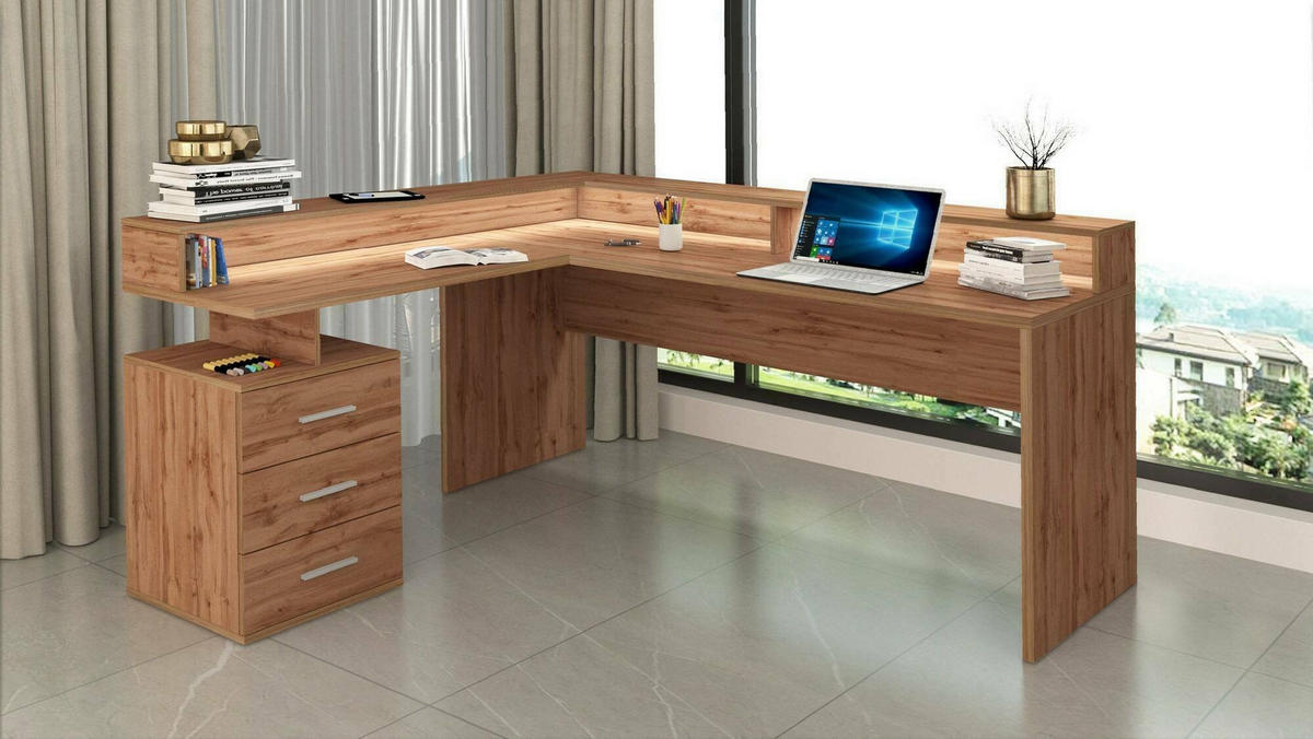 ECKSCHREIBTISCH Eiche 90/180/160 cm - Braun, Holzwerkstoff (90/180/160cm) - DMORA