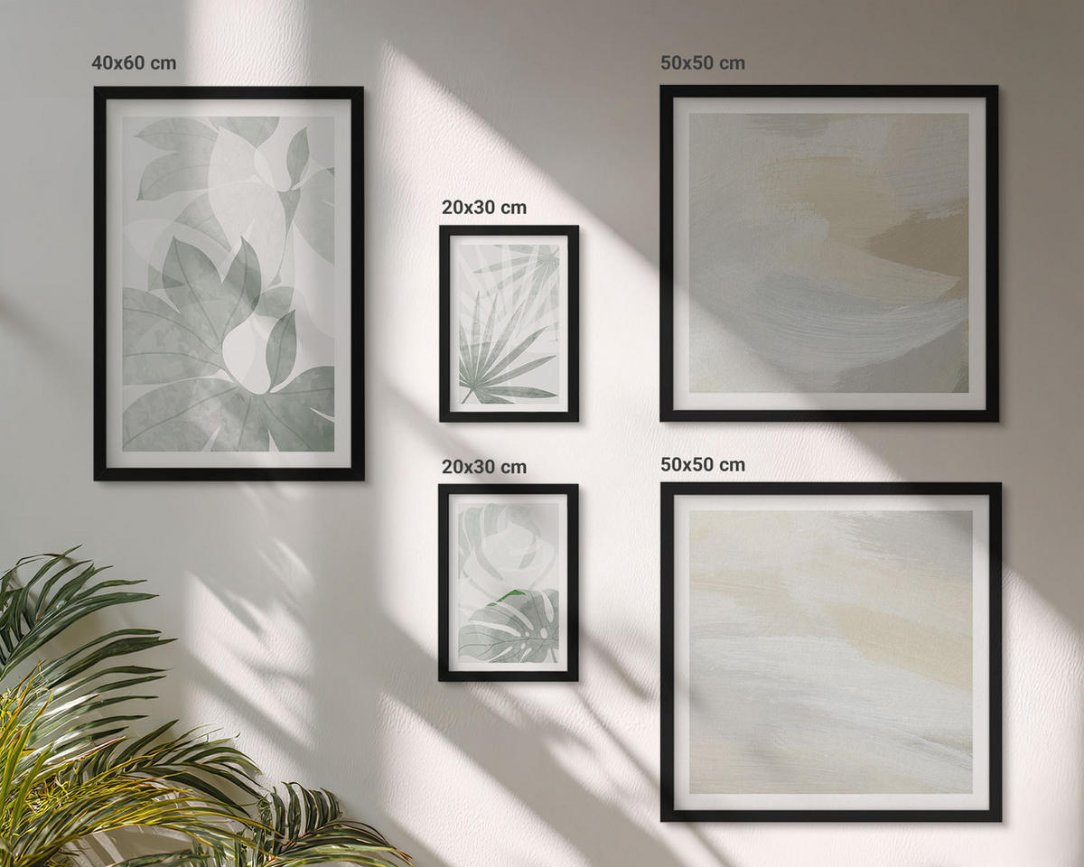 BILDER SET 5er Set - 50x50 cm & 20x30 cm & 40x60 cm Schwarzer Rahmen - Die Blätter der Pflanzen sind grünlich-grau. - Schwarz, Kunststoff (40/60cm) - TULUP