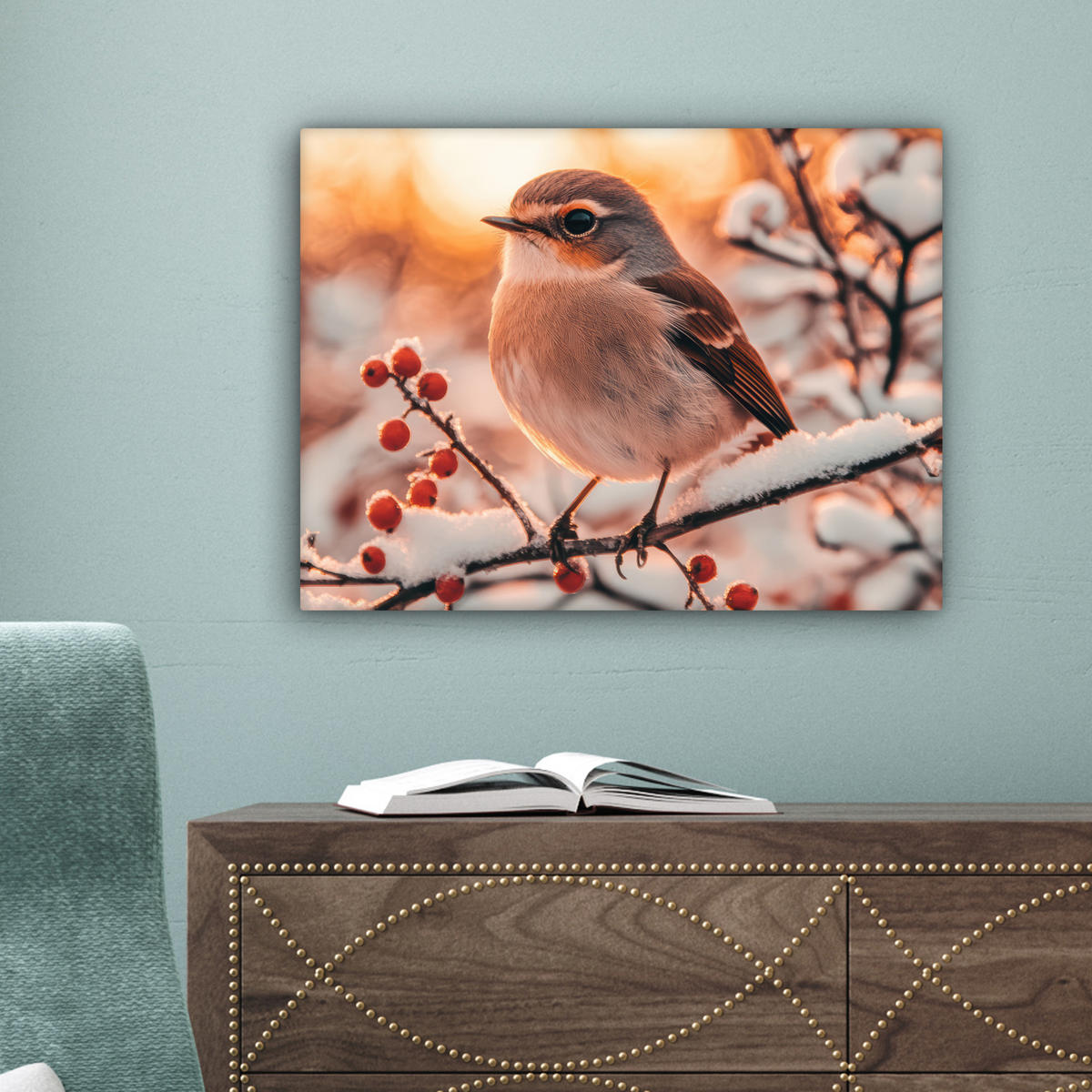 LEINWANDBILD Vogel - Zweig - Winter - Tiere - Schnee Wandbild 40x30 cm - Bernsteinfarben, Textil (40/30cm) - MuchoWow