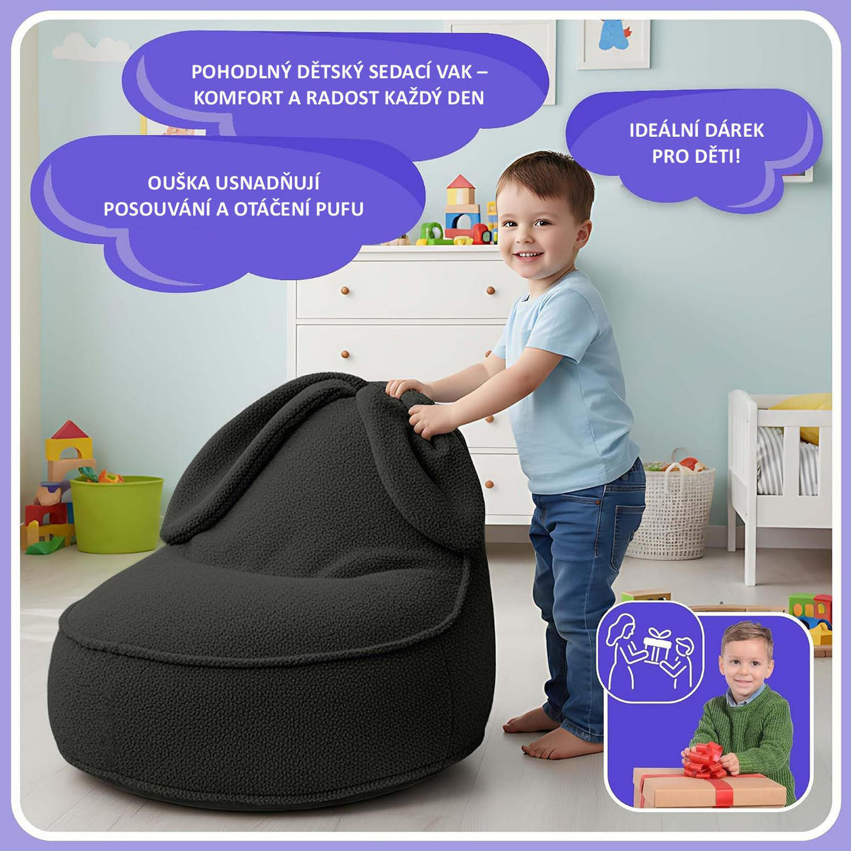 SITZSACK FÜR KINDER Hase 75/75/55 cm, weicher Bouclé 315 g/m², abnehmbarer Bezug, Cocoa Brown - Dunkelgrau, Textil (75/55/75cm) - Dreamroots