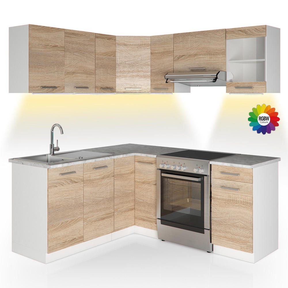 ECKKÜCHE Rick Weiß/Sonoma 187 x 167 cm , AP Marmor mit LED-Leisten - Weiß/Sonoma Eiche, Holzwerkstoff (187/81.6/60cm) - Vicco