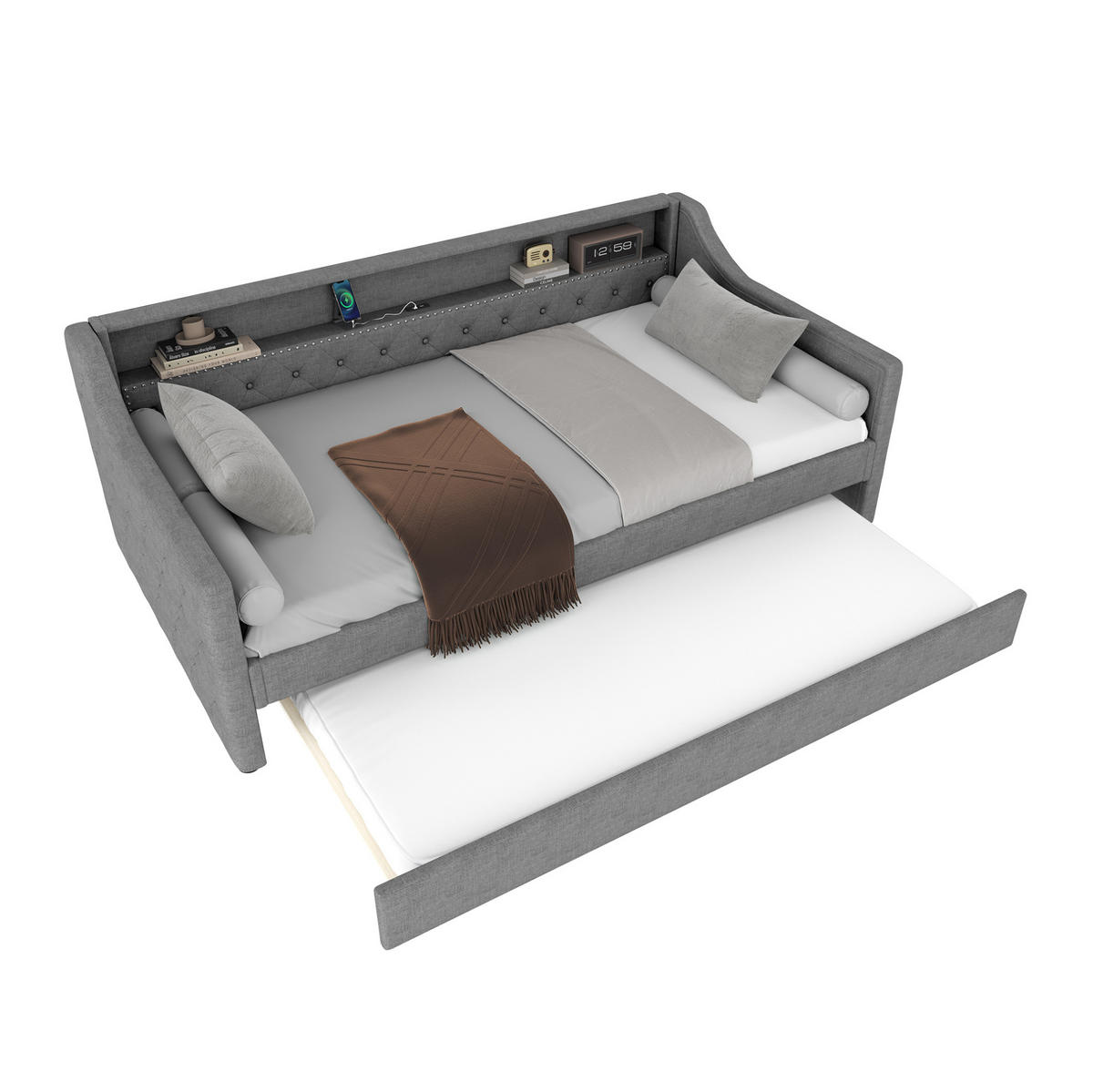 POLSTERBETT 90/200 cm Grau mit LED-Beleuchtung und USB-Anschlüssen - Grau, Textil (90/200cm) - Flora Grace