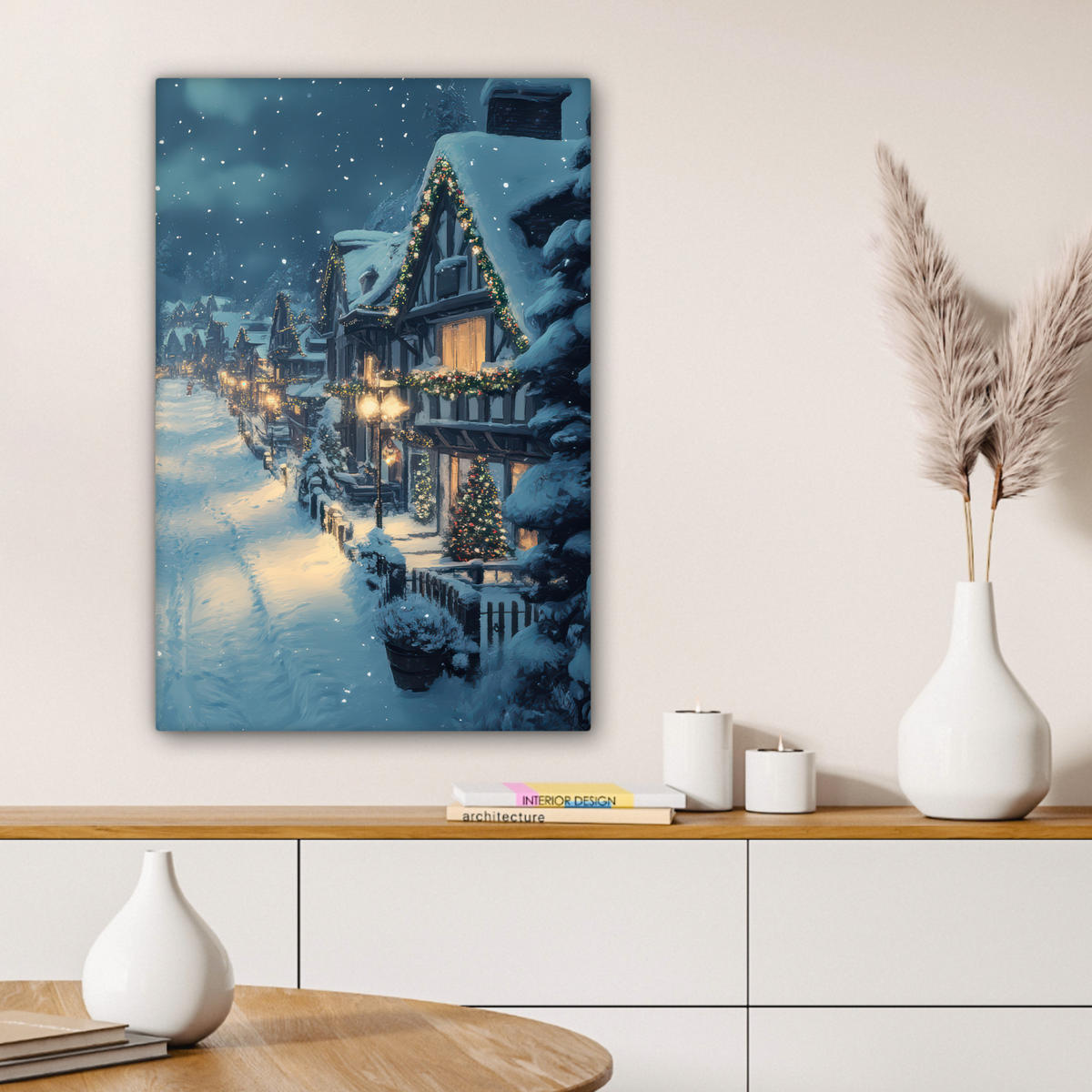 LEINWANDBILD Weihnachtsdorf - Weihnachten - Schnee - Winter Wanddeko 40x60 cm - Dunkelblau, Textil (40/60cm) - MuchoWow