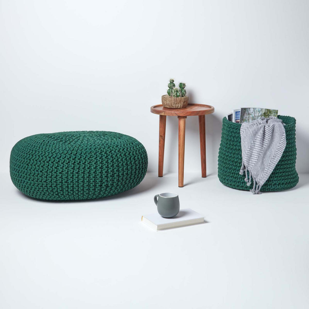 STRICK-POUF tannengrün, Bodenkissen rund 70/70/23 cm - Waldgrün, Textil (70/23/70cm) - Homescapes