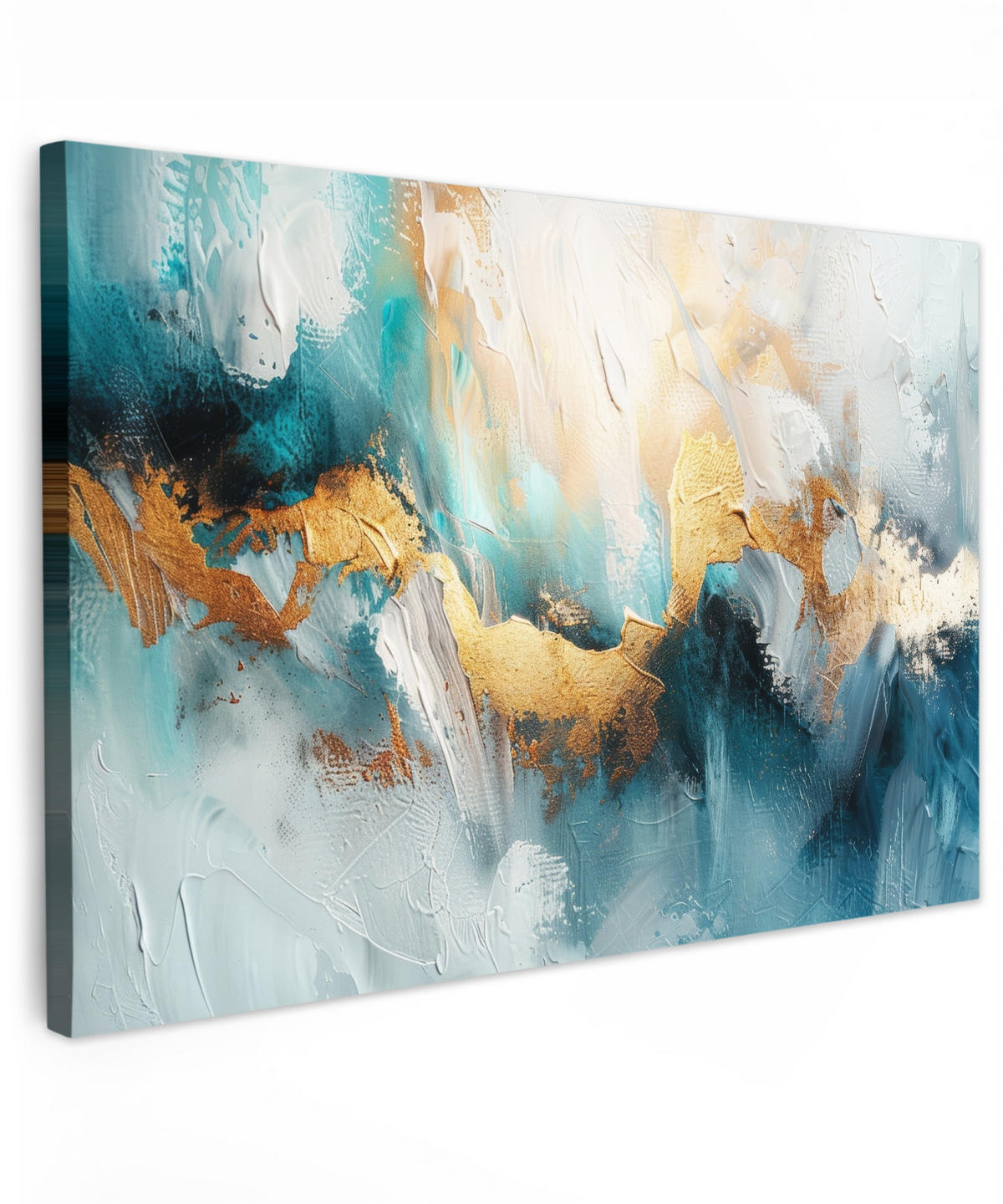 LEINWANDBILD Abstrakt - Kunst - Gold - Blau Wohnzimmer 120x80 cm - Petrol, Textil (120/80cm) - MuchoWow