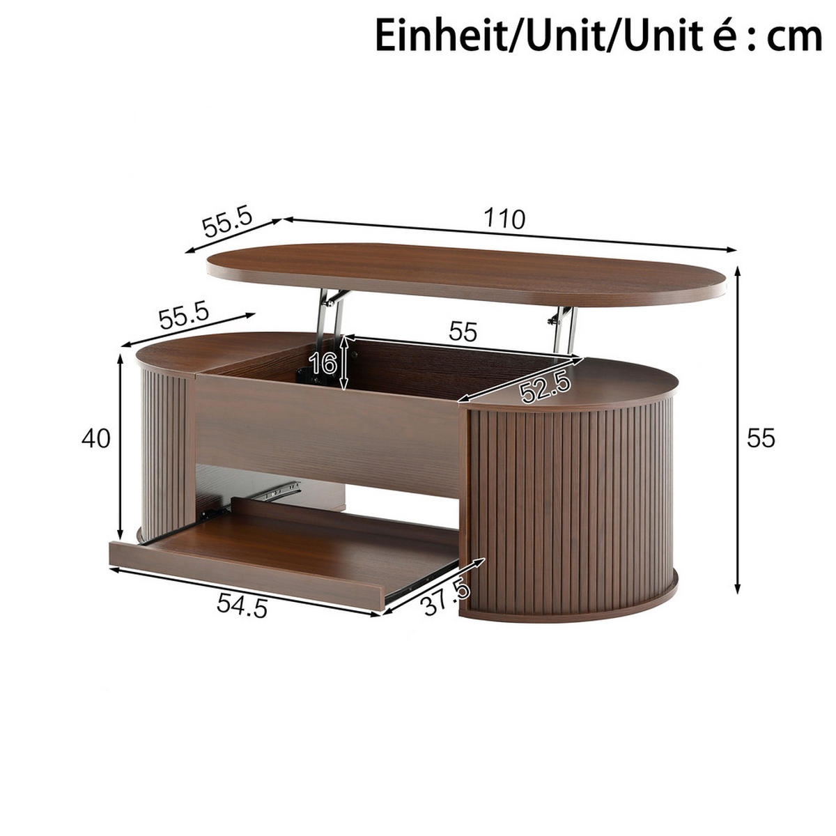 COUCHTISCH Anhebbar Walnussoptik Gebogene Holzseiten Ausziehbares Regal - Braun, Holz (125.1/60.96/14.61cm) - FLIEKS