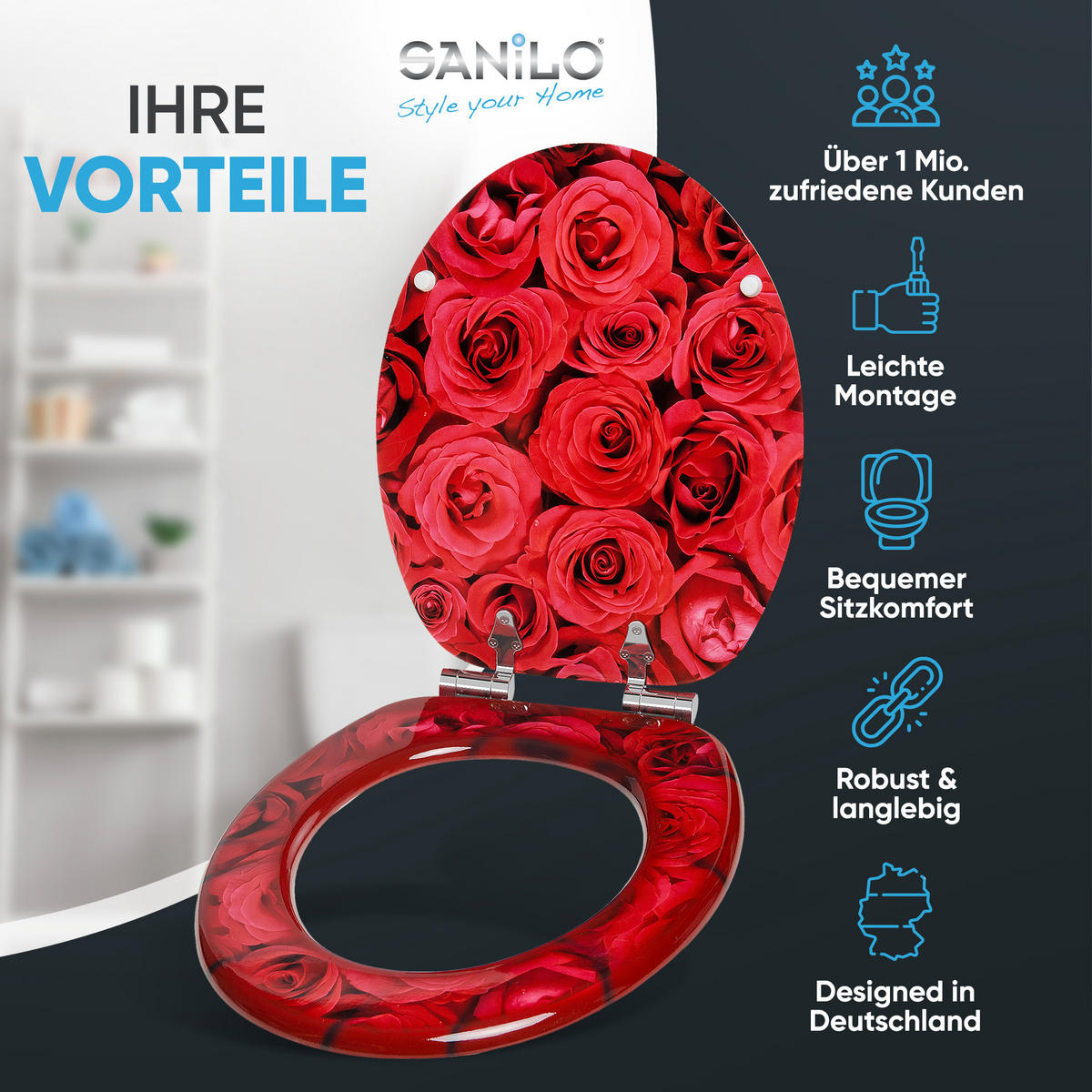 WC-SITZ mit Absenkautomatik Rosen - Rot, Holzwerkstoff (38/6/47cm) - Sanilo