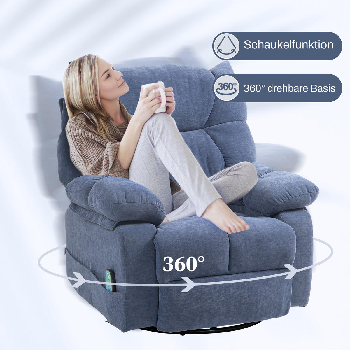 RELAXSESSEL mit Massagefunktion, Elektrisch Fernsehsessel mit Wärmfunktion - Blau/Schwarz, Textil/Metall (90/98/98cm) - HOMCOM