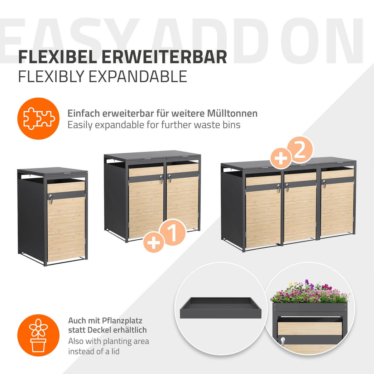 KONTEJNEROVÝ BOX na odpadky, 1 kus, antracit, vzhled dřeva - světle hnědá, kov (68/120/80cm) - ML-DESIGN