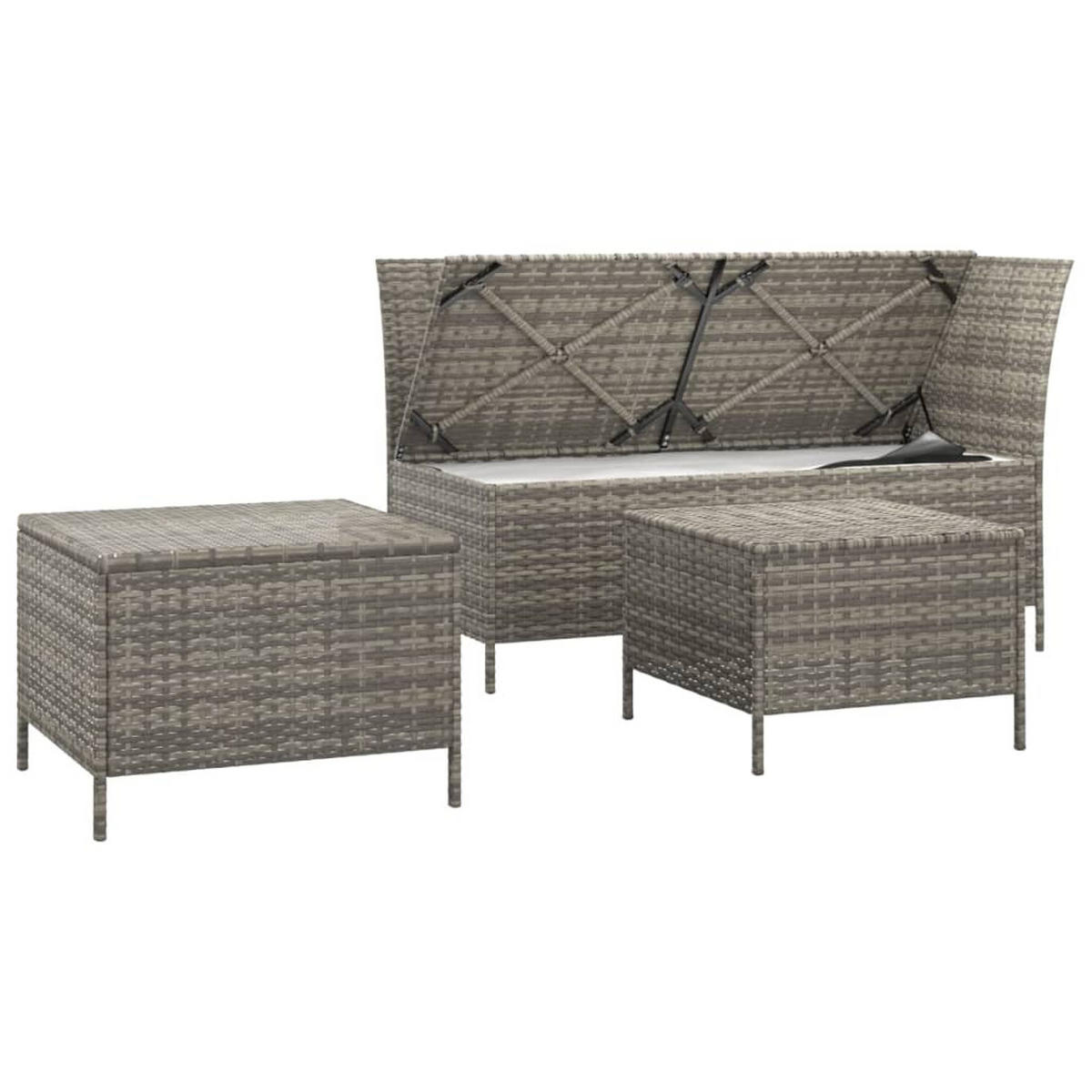 LOUNGEGARNITUR mit Kissen-Stauraum und Couchtisch, aus Poly Rattan, Grau, 3-teiliges Set - Grau, Kunststoff - vidaXL