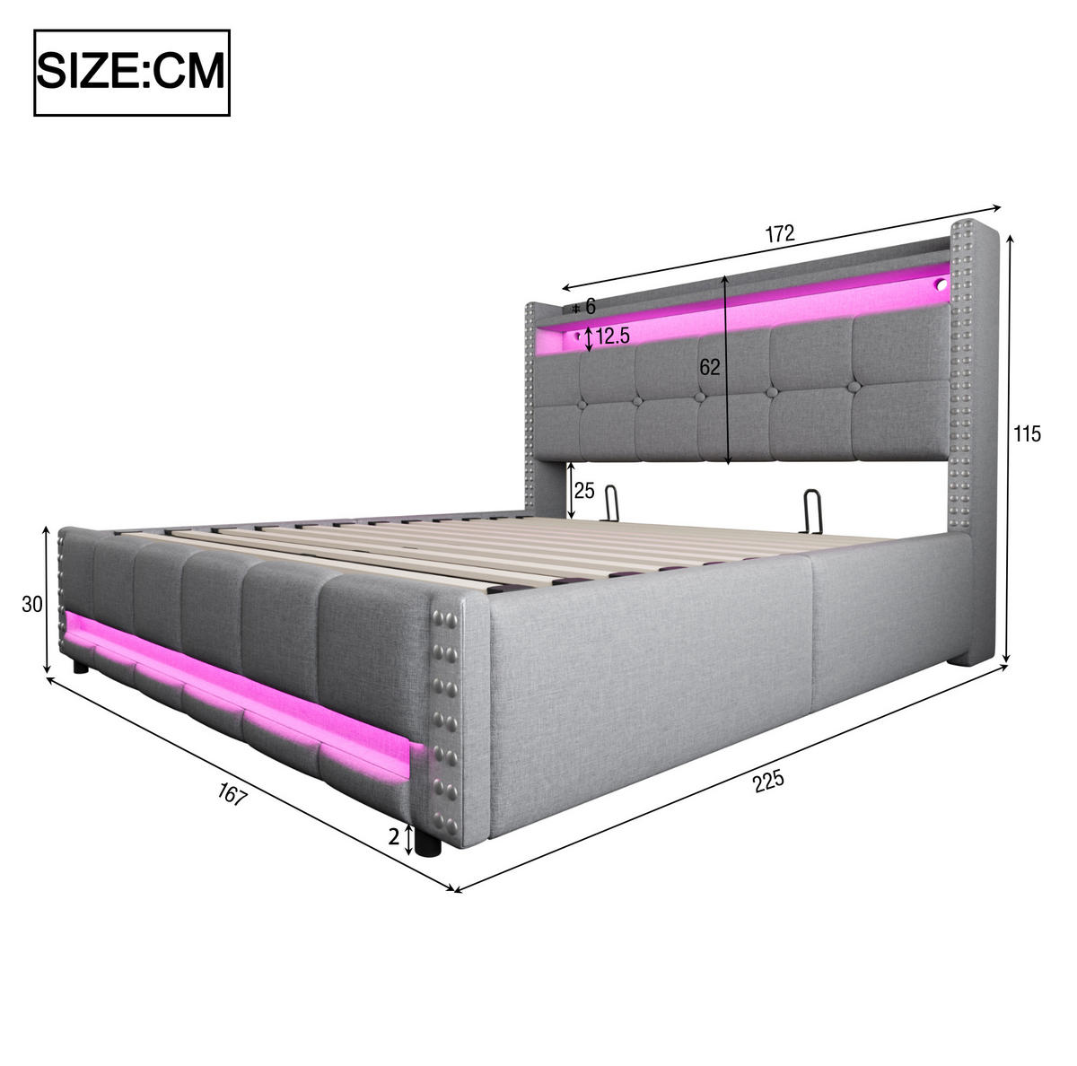 POLSTERBETT 160/200 cm mit LED-Beleuchtung, USB-Anschluss, Kopfteil mit Stauraum und hydraulischem Bettkasten, Hellgrau - Hellgrau, Textil (160/200cm) - Redom