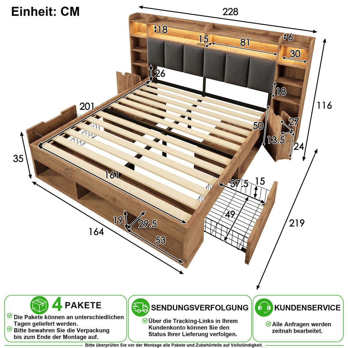 BETTANLAGE 160/200 cm in Eichefarben mit LED, USB, Type-C und Schubladen - Eichefarben, Holz/Holzwerkstoff (160/200cm) - CHICFURN