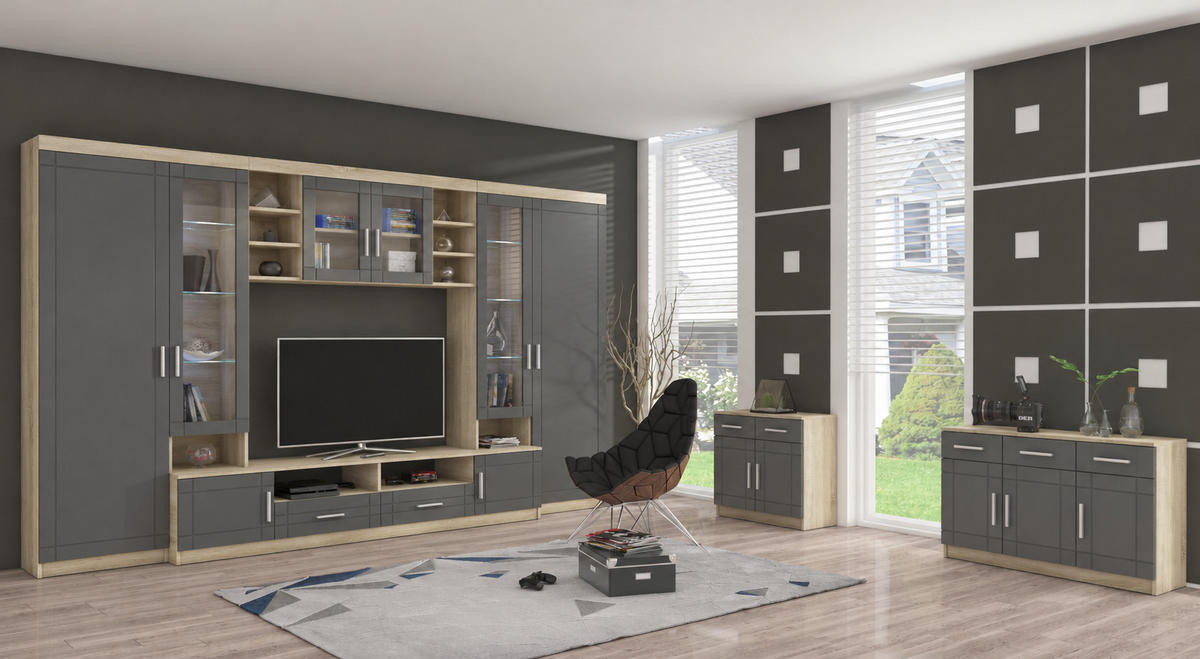 WOHNWAND Savanna mit TV-Lowboard, Vitrinen, 340x198 cm, sonoma, grau - Grau/Sonoma Eiche, Metall (50/198/340cm) - Margaret Hadas24
