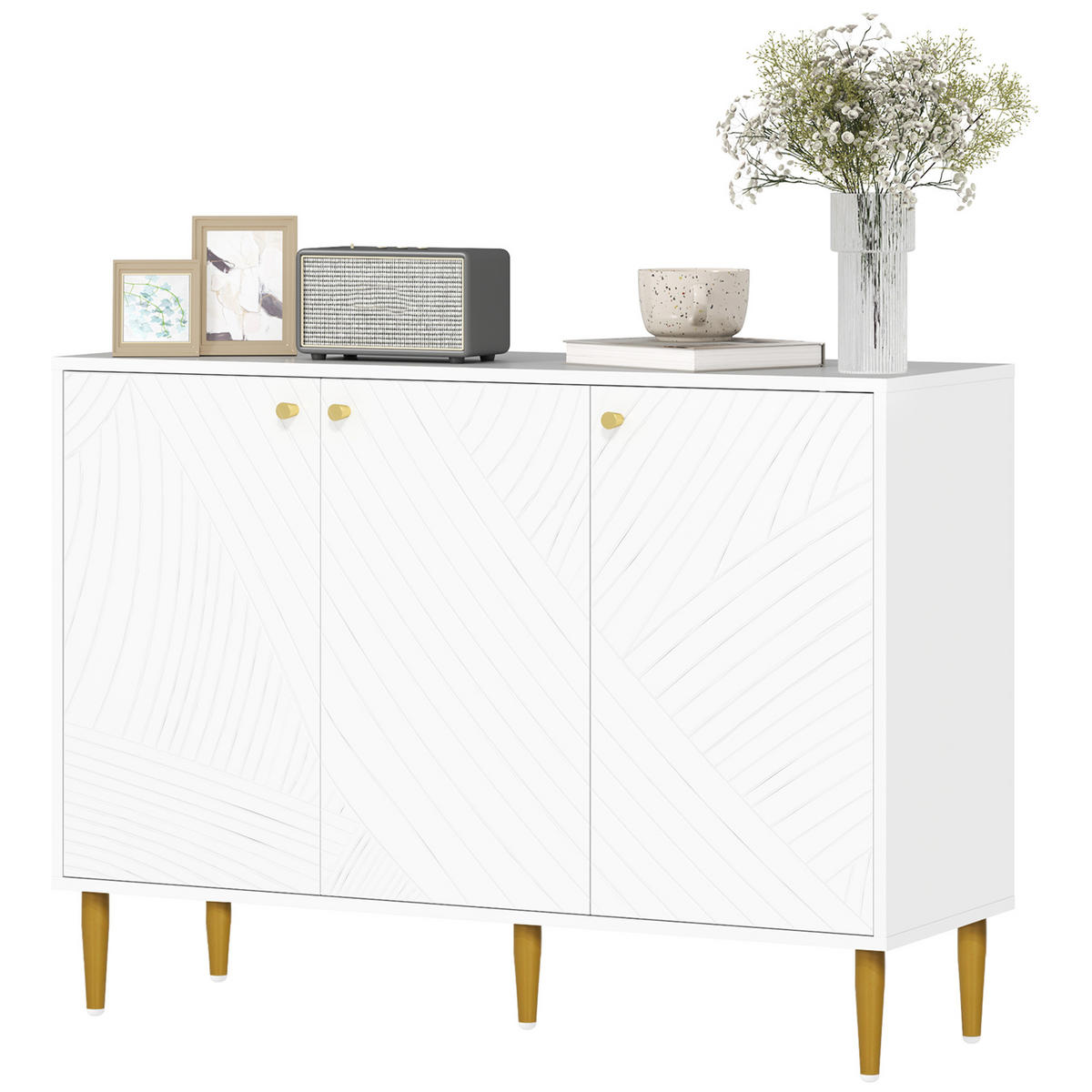 SIDEBOARD DE-11126 3 Türen mit verstellbaren Böden & Goldfüßen Weiß - Weiß, Holzwerkstoff (107/77/35cm) - ComfortXL