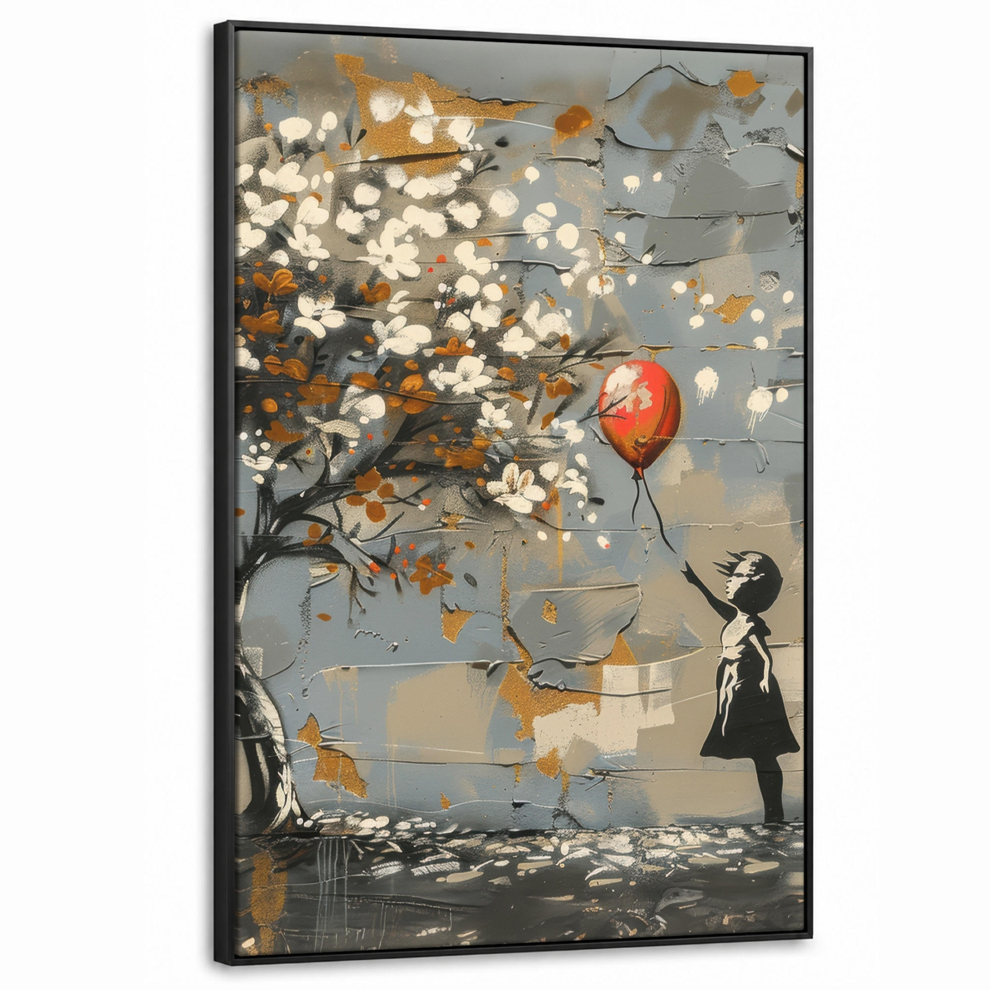 LEINWAND Bilder mit Rahmen - Baum - Graffiti - Banksy-Stil - Ballon-Mädchen - 80x120 - Blaugrau, Textil (80/120cm) - MuchoWow