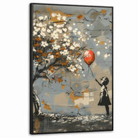 LEINWAND Bilder mit Rahmen - Baum - Graffiti - Banksy-Stil - Ballon-Mädchen - 80x120 - Blaugrau, Textil (80/120cm) - MuchoWow