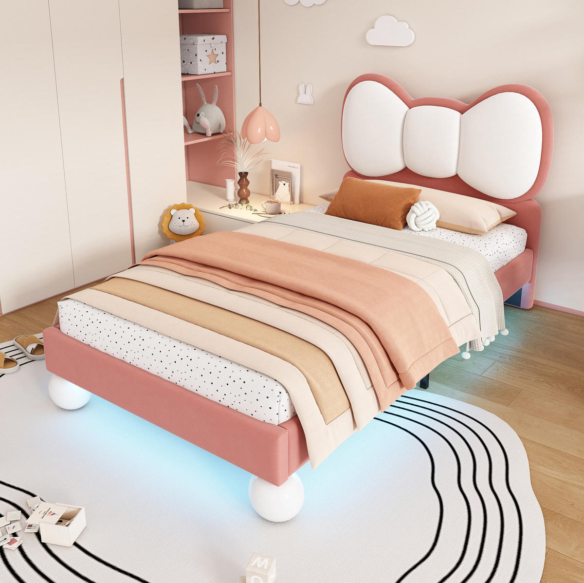 KINDEREINZELBETTEN aus Samt 90x200 cm in Beige und Rosa mit LED-Lichtleiste - Rosa, Textil (90/200cm) - Modfu