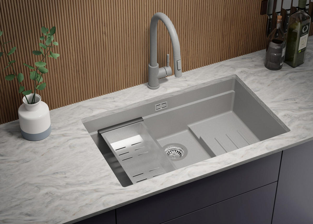 UNTERBAUSPÜLE GRANIT Praga, 2-er set Grau 76/47 cm 1 Becken + Küchenarmatur 32/20 cm + Ablauf-Set + Aufrollbare Abtropffläche ab 80er Unterschrank - Chromfarben/Grau, Kunststoff (76/20/47cm) - Primagran