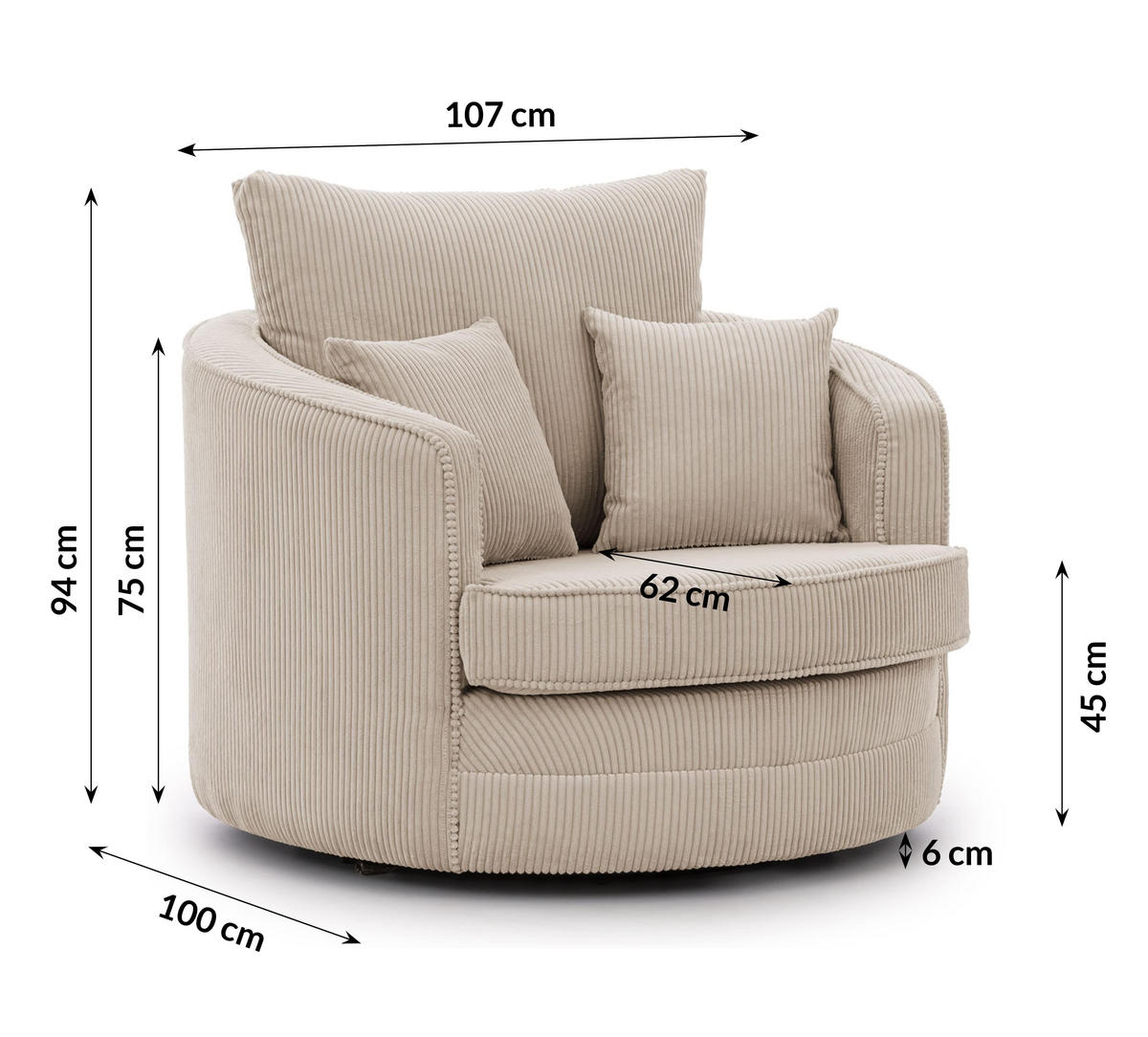 DREHSESSEL Ted aus Beige Cord-Stoff - Beige/Schwarz, Holz/Textil (107/94/100cm) - S-Style Möbel
