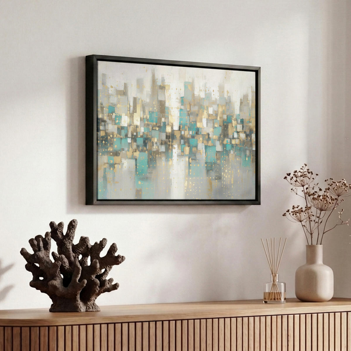 LEINWAND Bilder mit Rahmen - Abstrakt - Blöcke - Gold - Skyline - 30x20 - Beige, Textil (30/20cm) - MuchoWow