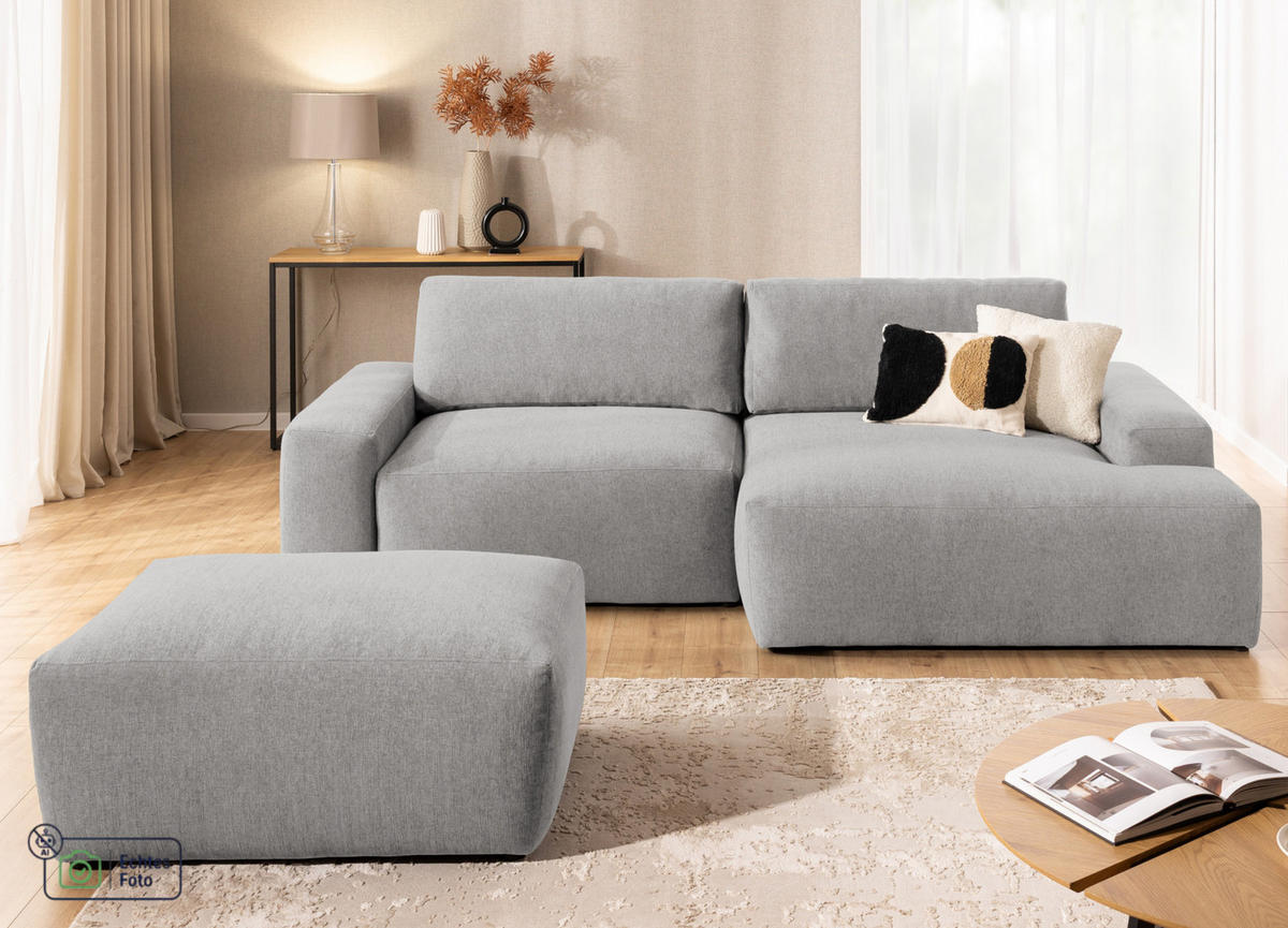 ECKSOFA inkl. Hocker Lennon aus Hellgrau Strukturstoff mit Schlaffunktion und Bettkasten - Hellgrau/Schwarz, Holz/Kunststoff (264/137cm) - S-Style