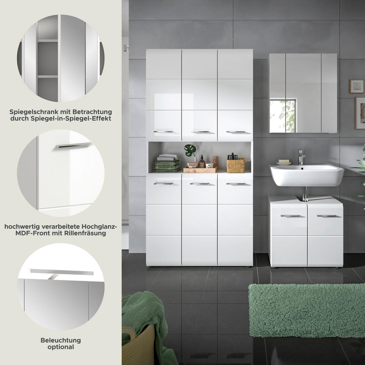 BADKOMBINATION 3 tlg. Ice Bad in weiß Nachbildung und weiß hochglanz B/H/T: 165x185x30 cm - Weiß, Holz (165/185/30cm)