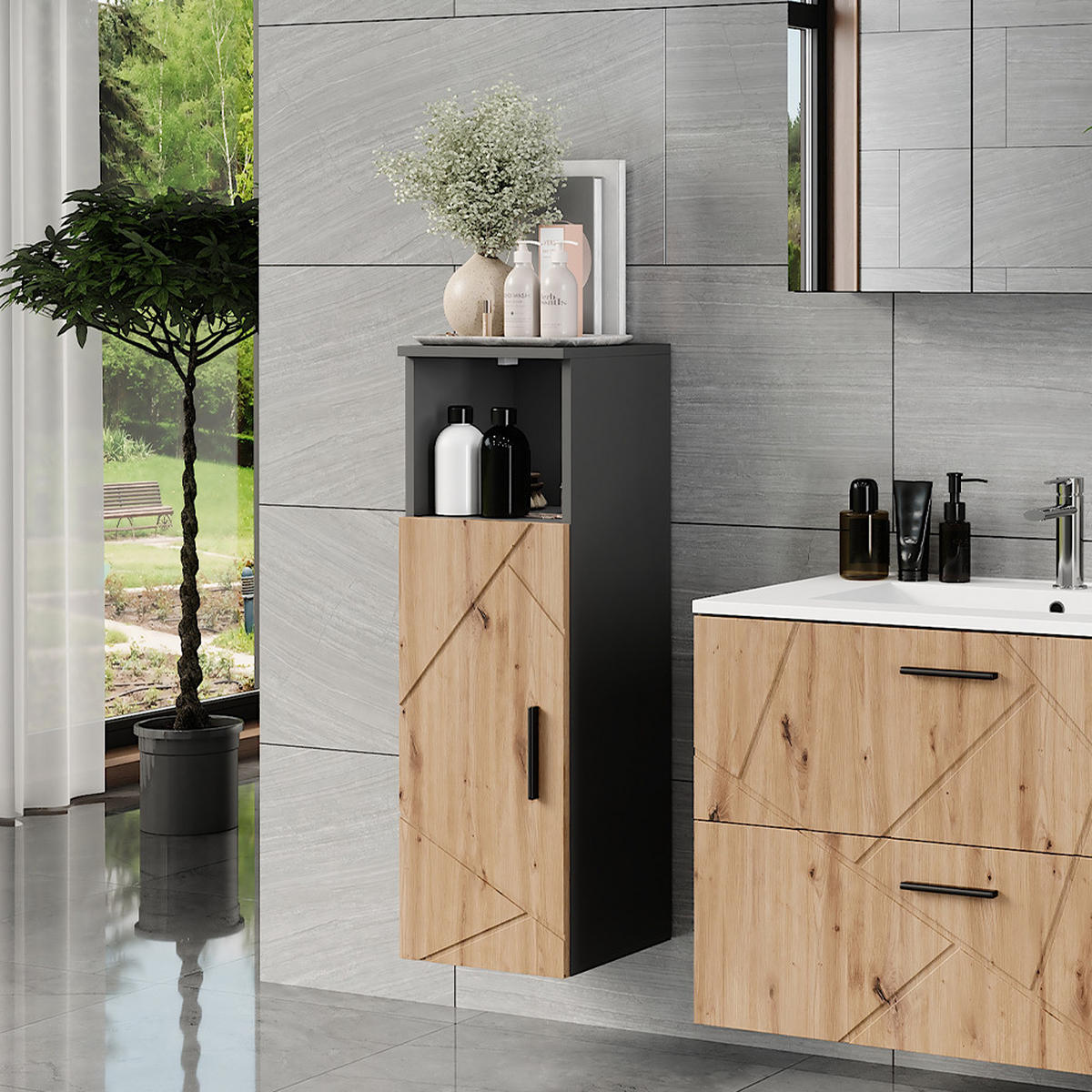 MIDISCHRANK Irma Anthrazit/Artisan 30 x 93 cm mit 1 Tür - Anthrazit/Eiche Artisan, Holzwerkstoff (30/93/30cm) - Vicco
