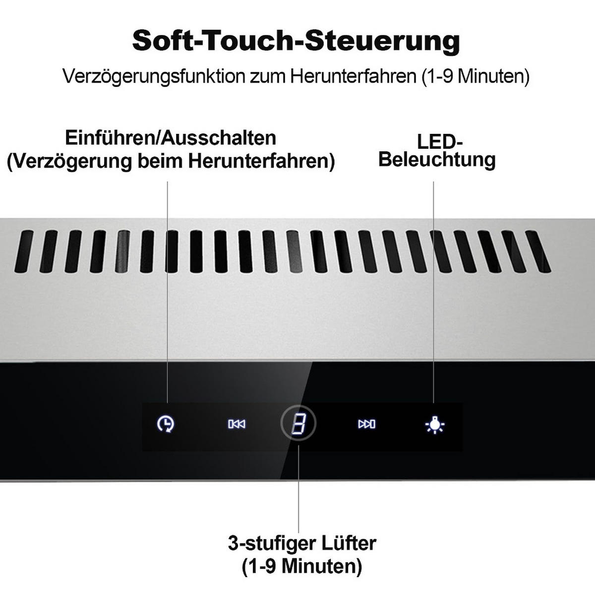 DUNSTABZUGSHAUBE Unterbau60cm, TOUCH CONTROL, Umluft und Abluft, Edelstahl, 59,5/10/48 cm - Schwarz, Metall (14.5/53/63.01cm) - Rolipo