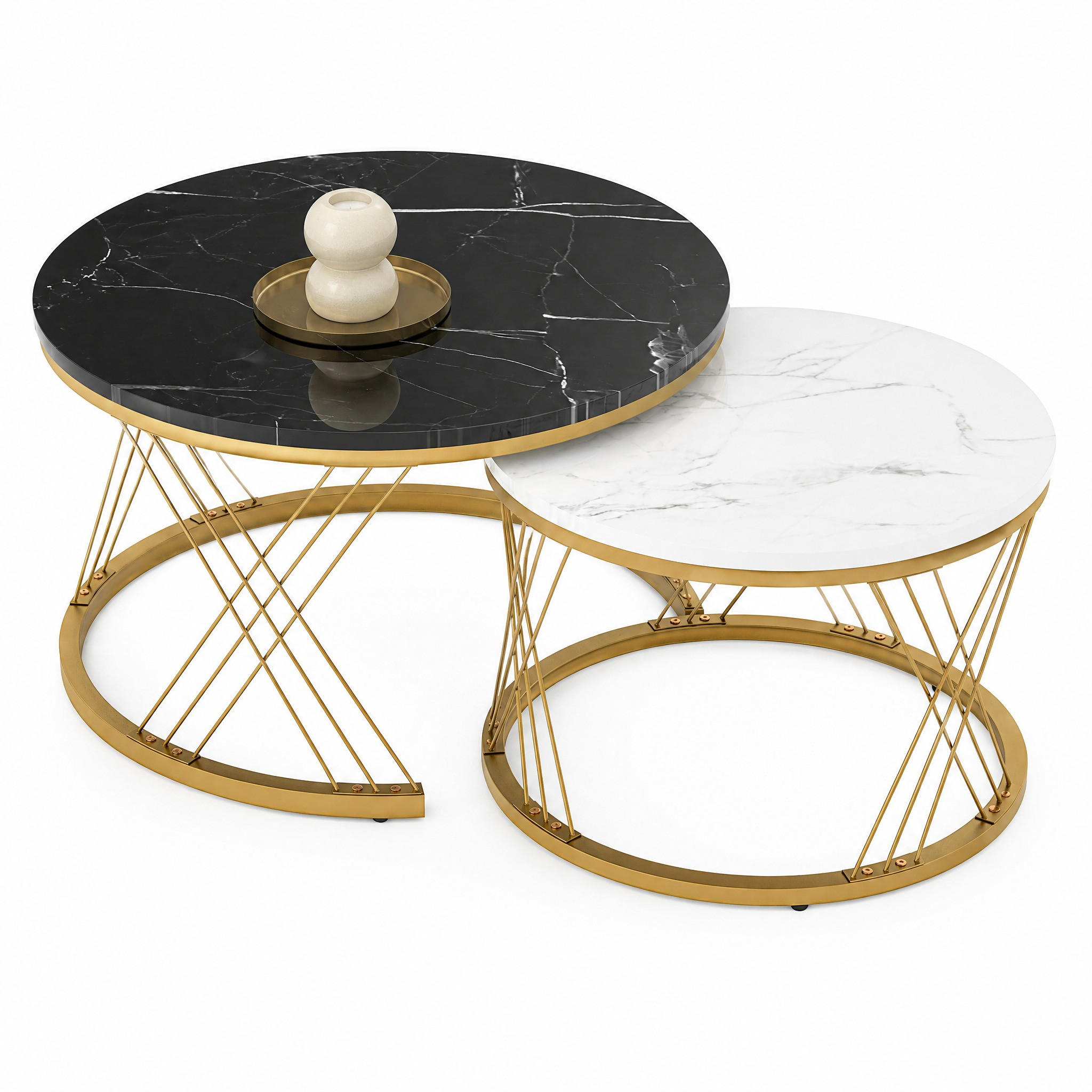 COUCHTISCH in Schwarz und Weiß Nesting-Kaffeetisch, Satz von 2, für Wohnzimmer, B70/T70/H45cm - Goldfarben/Schwarz, Holzwerkstoff/Metall (70/70/45cm) - STILVORA