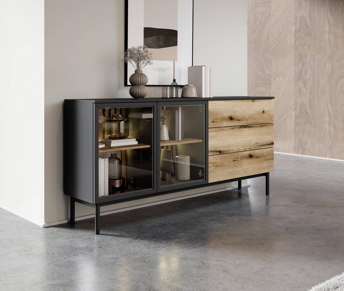 SIDEBOARD Holmric in Evoke Eiche 180/85/39 cm - Eichefarben/Schwarz, Holz/Holzwerkstoff (179.9/84.8/39.4cm) - WFL GROUP