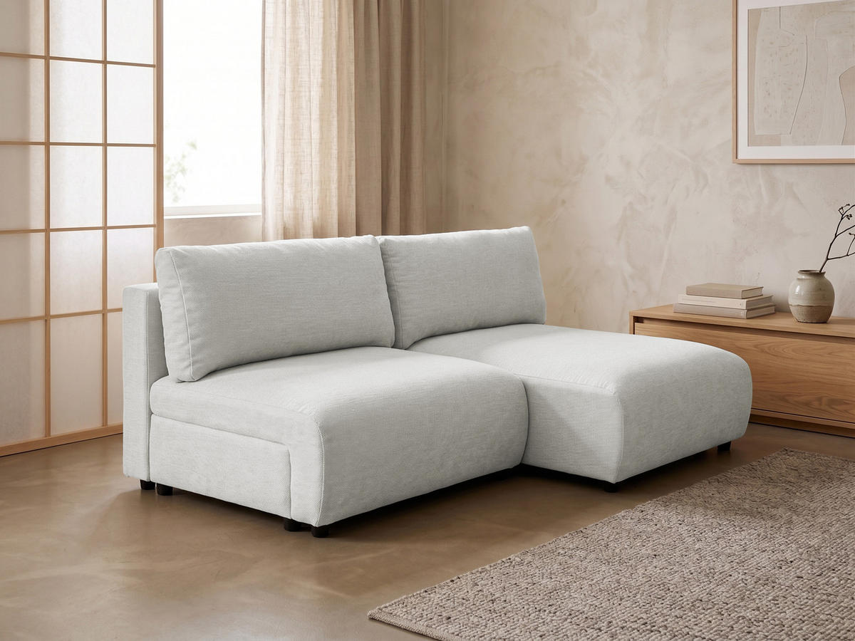 ECKSOFA Sora mit Schlaffunktion, Bettkasten und extra tiefer Komfortzone aus hochwertigem Hellgrau Strukturstoff - Hellgrau/Schwarz, Holz/Kunststoff (200/140cm) - S-Style