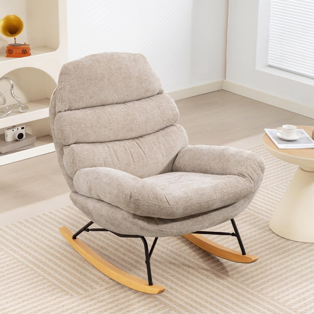 SCHAUKELSTUHL Cremeweiß mit Stahlbeinen und Holzkufen - Creme, Textil (80/91/103cm) - Oxeza
