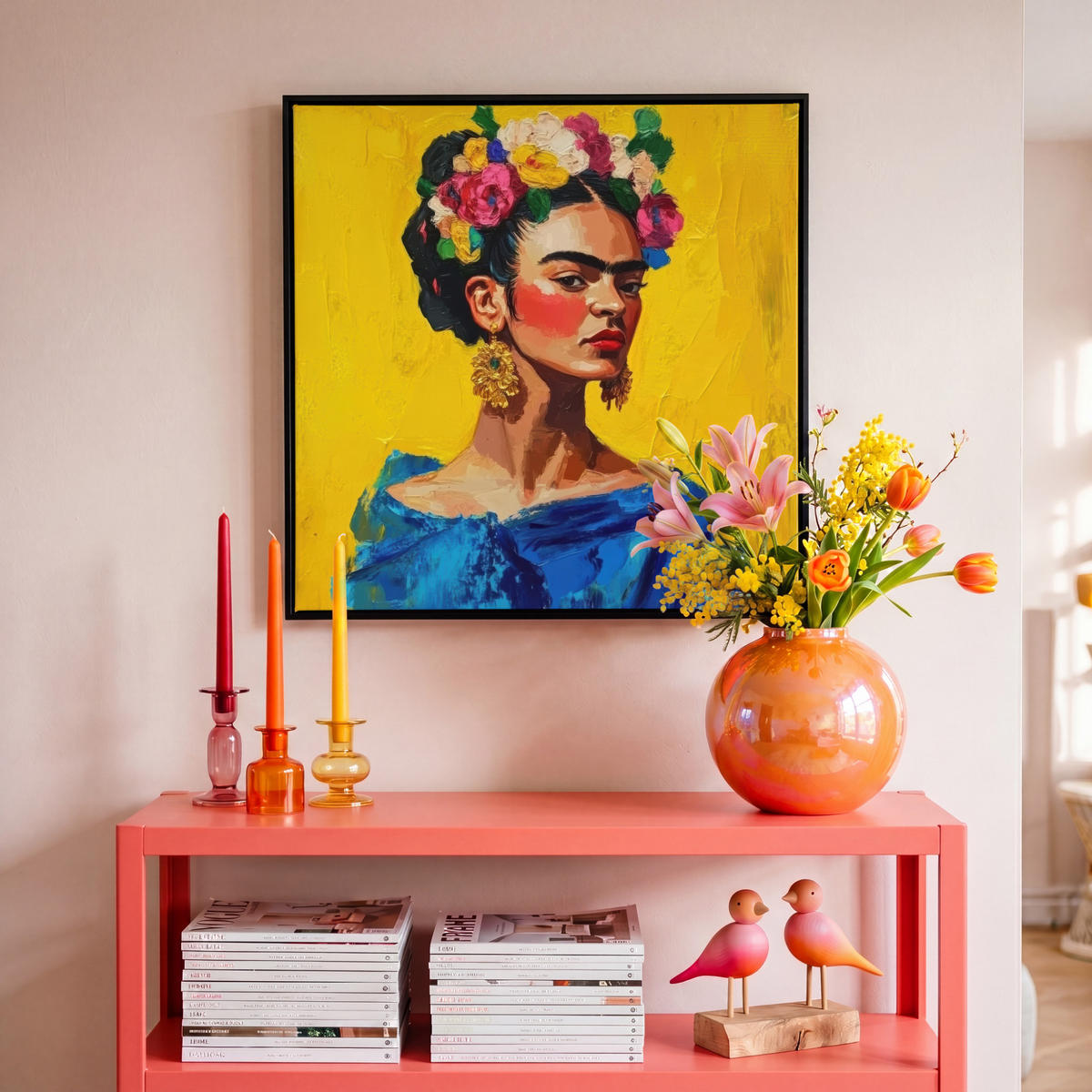 LEINWAND Bilder mit Rahmen - Frida Kahlo - Frau - Gelb - Blau - Blumen - 50x50 - Gelb, Textil (50/50cm) - MuchoWow
