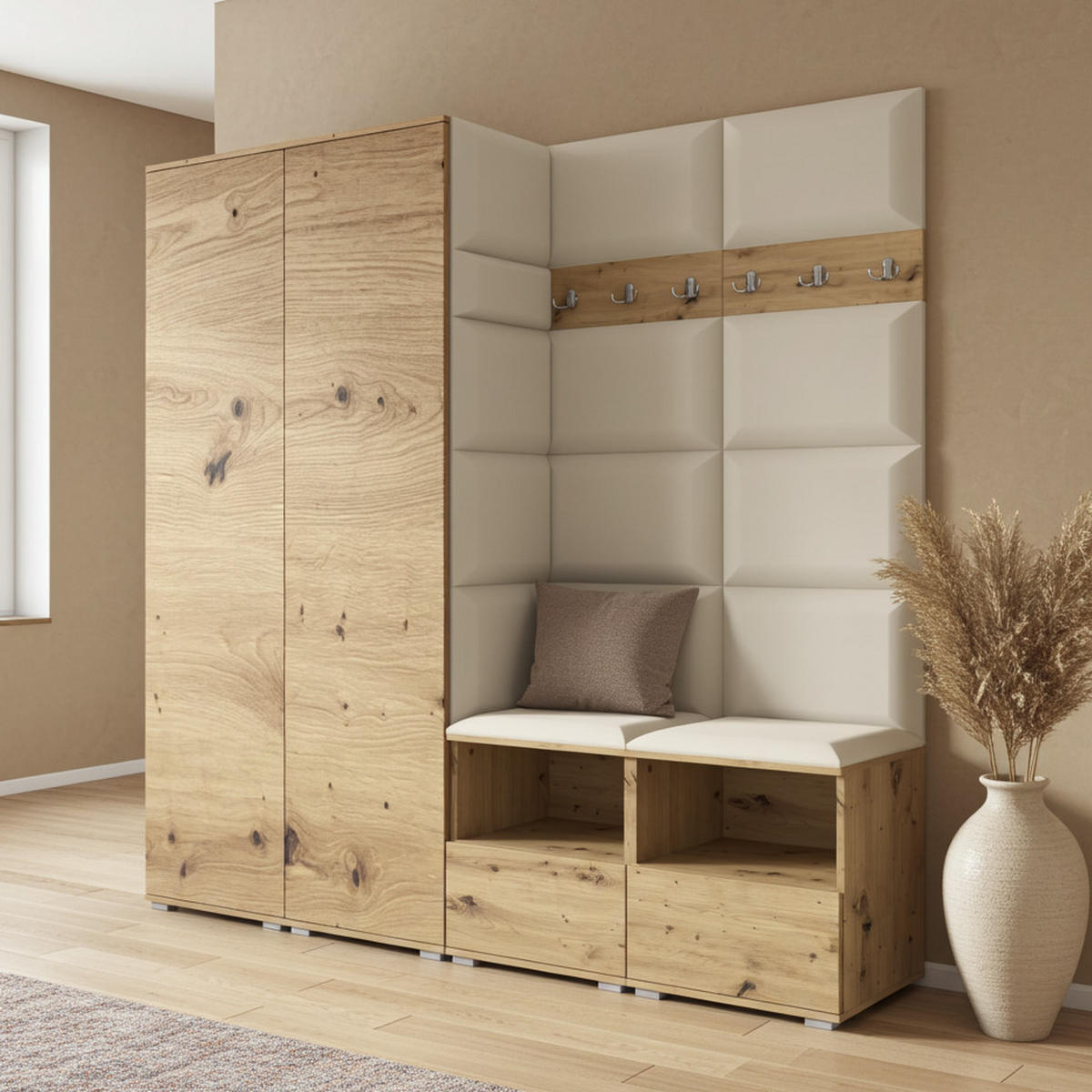 GARDEROBE NELA VI 200 cm (Kompaktgarderobe Artisan Eiche mit Sitzpolster Creme 01 Schrank & Paneel) - Silberfarben/Creme, Holz/Holzwerkstoff (200/187/40cm) - Ravio