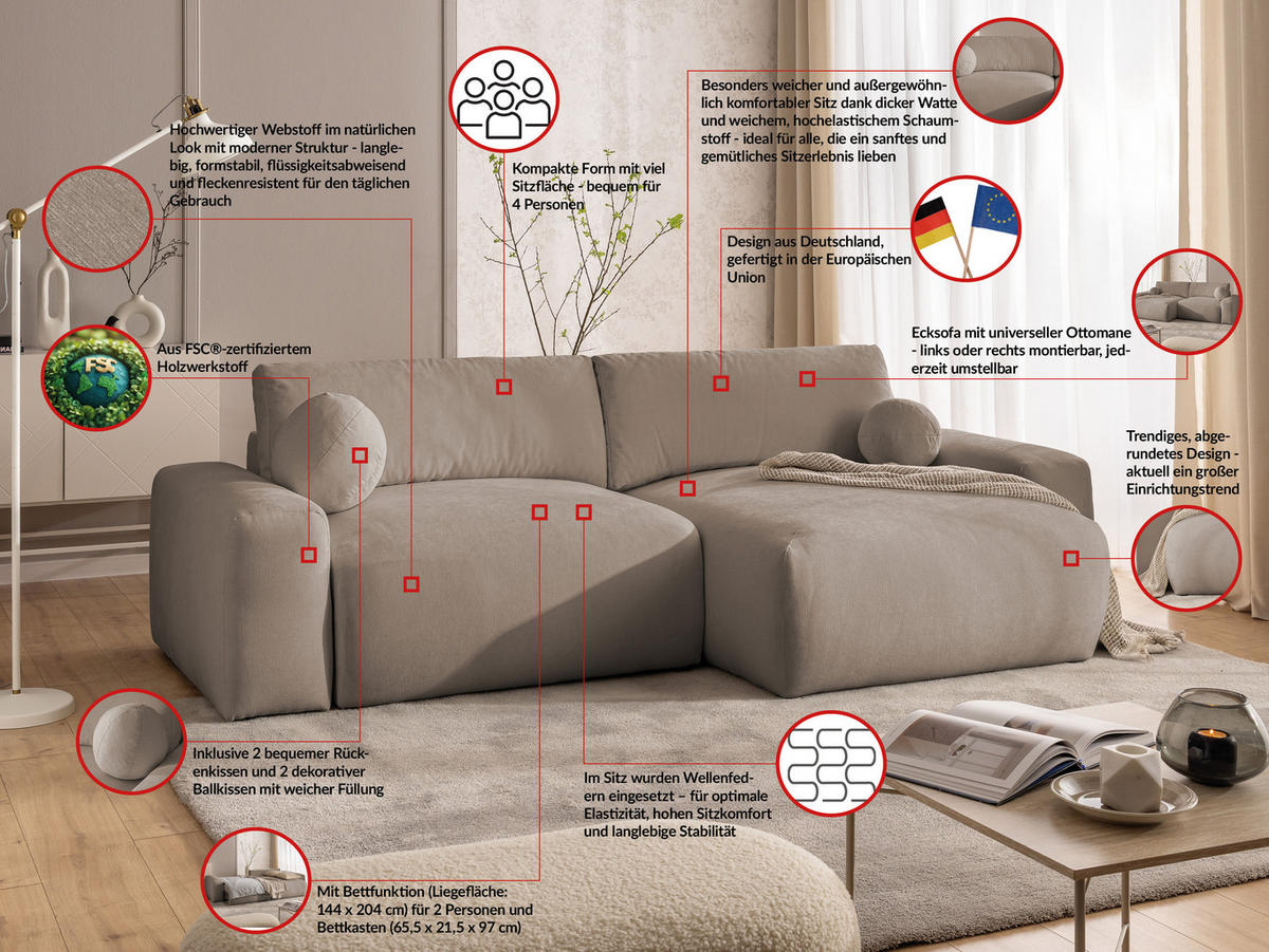 ECKSOFA Puffy mit Schlaffunktion und Bettkasten - besonders weich und puffig aus Greige Webstoff - Ottomane rechts - Greige/Schwarz, Holz/Kunststoff (266/138cm) - S-Style Möbel