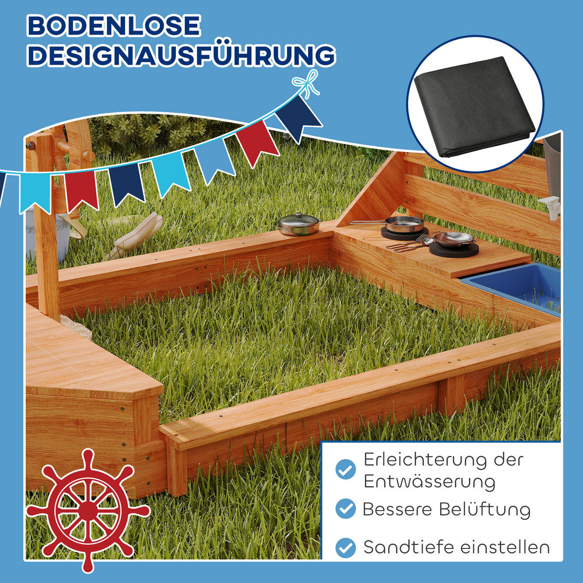 SANDKASTEN Sandkiste groß mit Abdeckung im Schiff Design Matschekiste aus Holz - Orange, Holz (180/103/144.5cm) - Outsunny