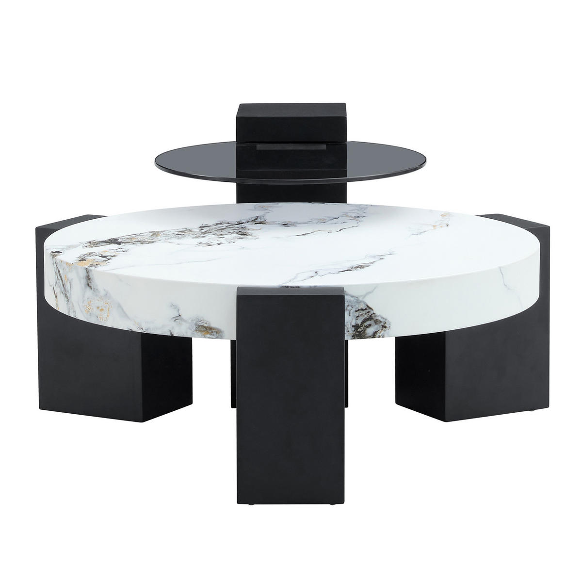 BEISTELLTISCH-SET 61/61/30 und 44/44/44 cm, zerlegbar mit Marmor-Optik, MDF und Glas, Weiß/Schwarz - Schwarz, Holzwerkstoff (61/61/30cm) - Redom