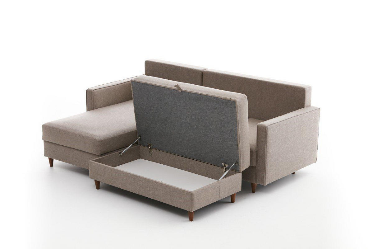 ECKSOFA mit Hocker, Schlaffläche - Beige/Walnussfarben, Holz/Kunststoff (210/155cm) - myHomelando