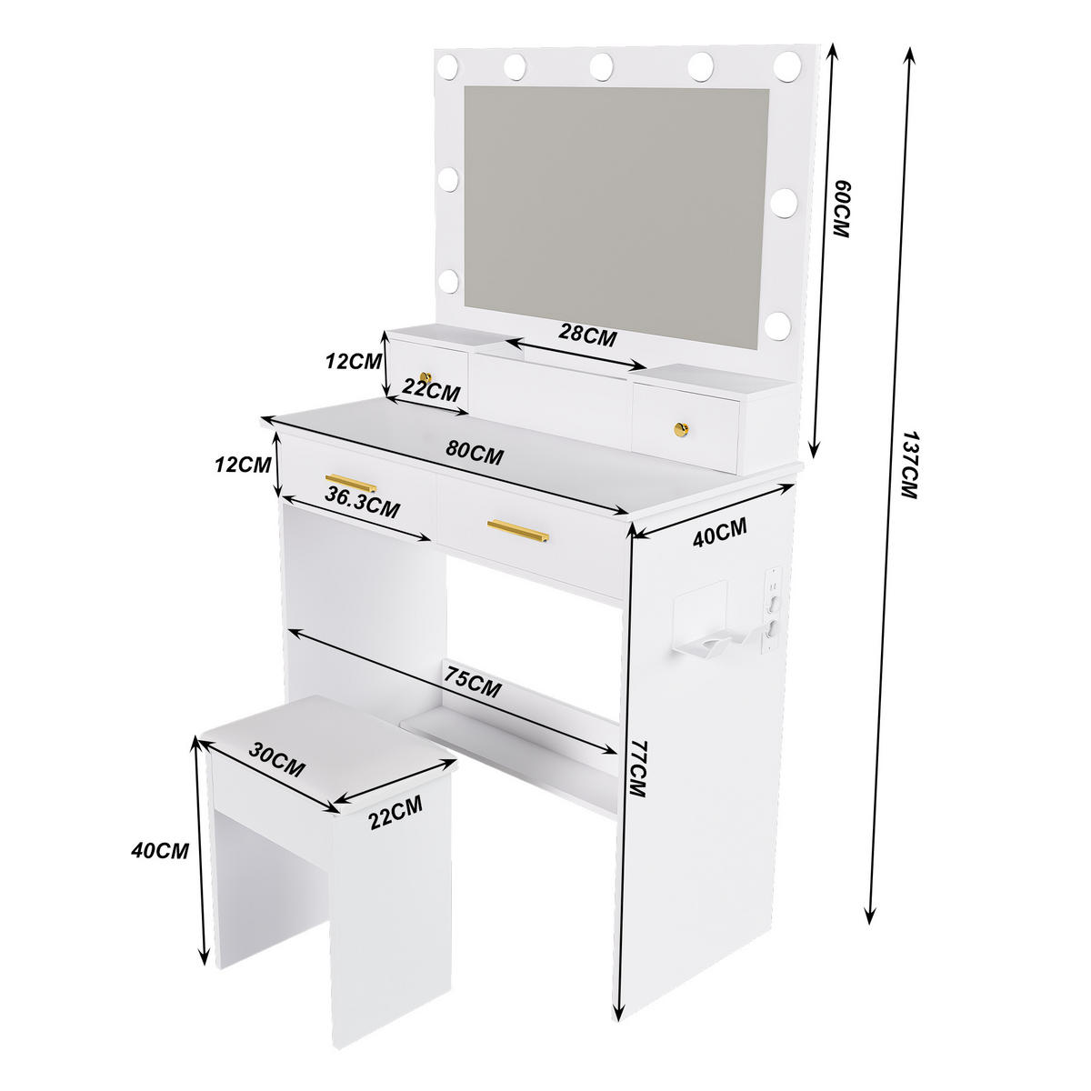 SCHMINKTISCH-SET 80 cm in Weiß mit LED-Spiegel - Weiß, Holzwerkstoff (80/137/40cm) - Urban Meuble