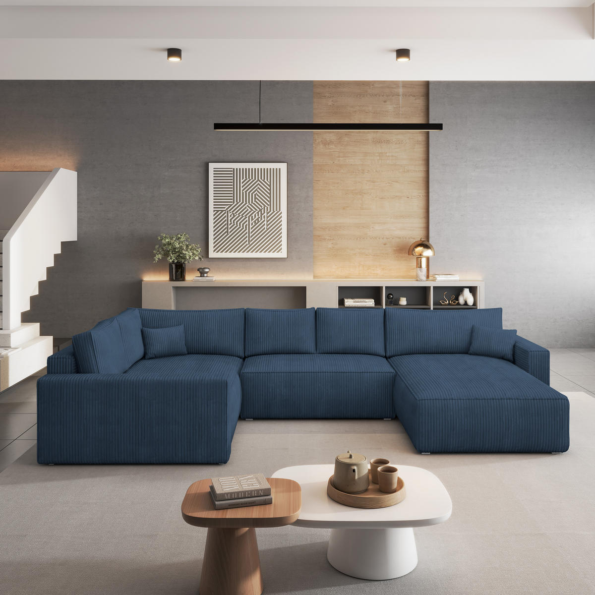 ROHOVÁ SEDAČKA VELAMI modrá - šedá/modrá, dřevo/textil (365/194cm) - MASSENO