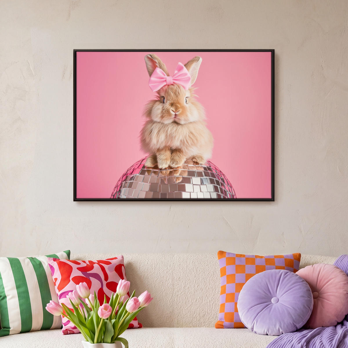 LEINWAND Bilder mit Rahmen - Schleife - Discoball - Kaninchen - 70x50 - Pink, Textil (70/50cm) - MuchoWow