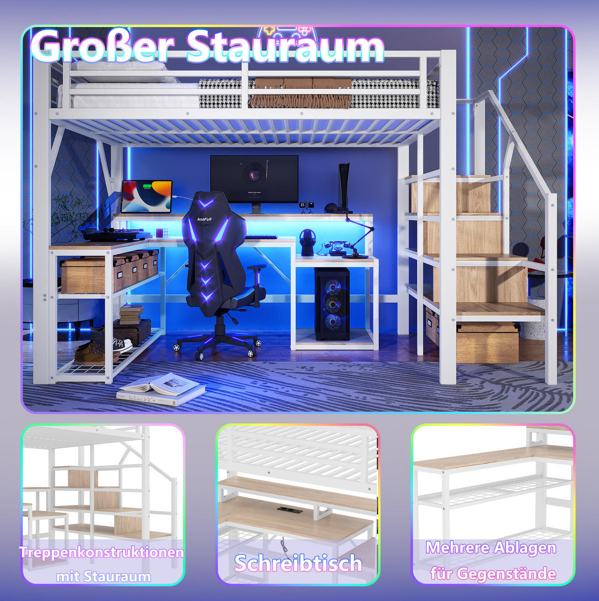 HOCHBETT 140/200 cm mit Schreibtisch, LED-Beleuchtung, USB-Anschluss und Stauraum, Metall/MDF, Weiß - Weiß, Metall (140/200cm) - Redom