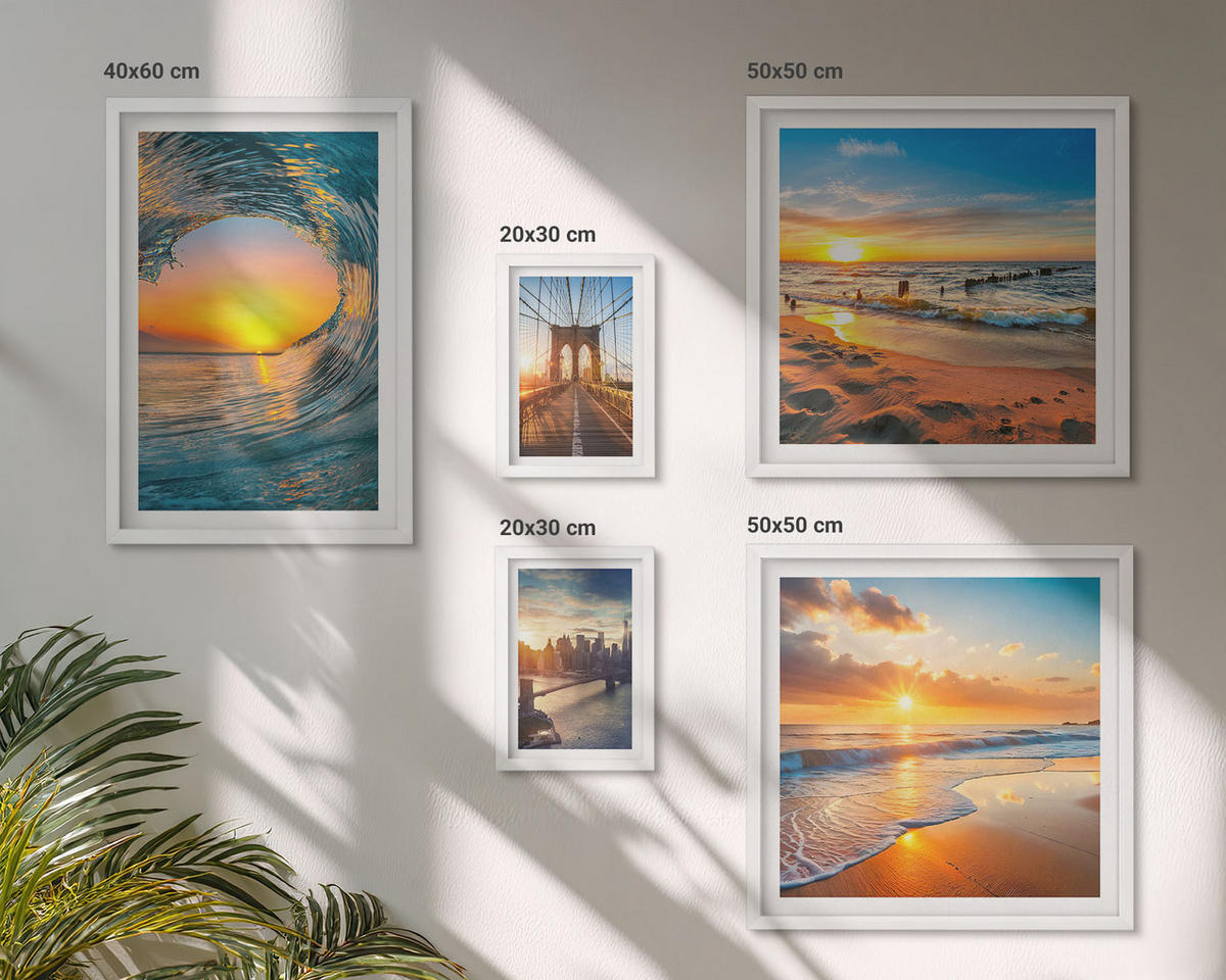 BILDER SET 5er Set - 50x50 cm & 20x30 cm & 40x60 cm Weißer Rahmen - Brücken, Sonnenuntergänge, Stadt - Weiß, Kunststoff (40/60cm) - TULUP