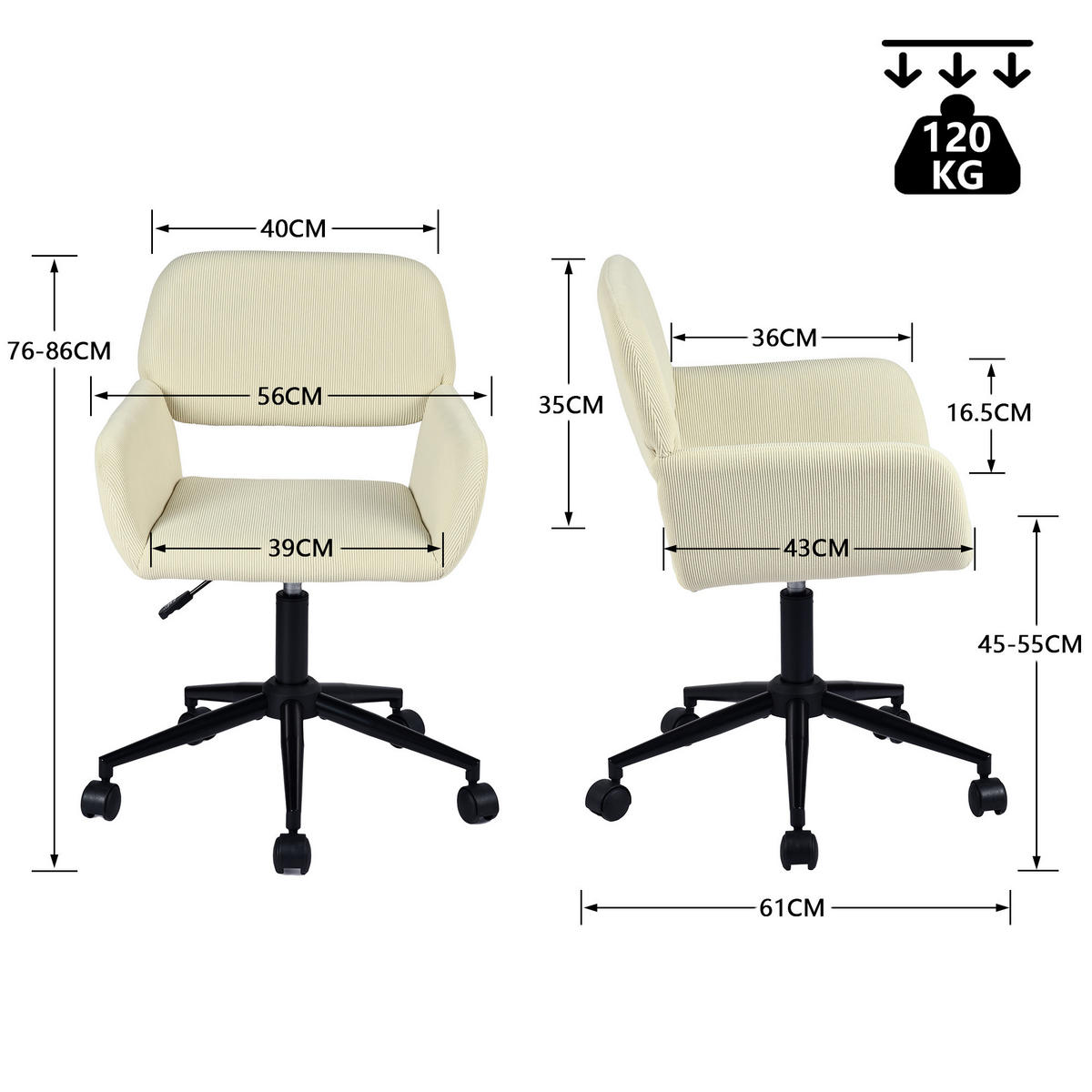 BÜROSTUHL in Cord-Samt, Beige - Beige, Metall (39/86/43cm) - Meubles Cosy