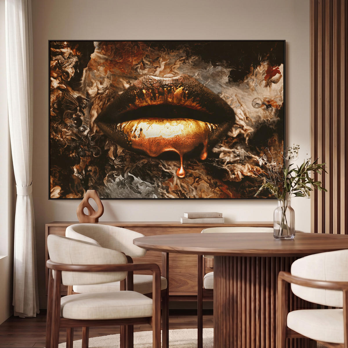 LEINWAND Bilder mit Rahmen - Gold - Lippen - Kunst - Gold - Luxus - Abstrakt - 140x90 - Kupferfarben, Textil (140/90cm) - MuchoWow