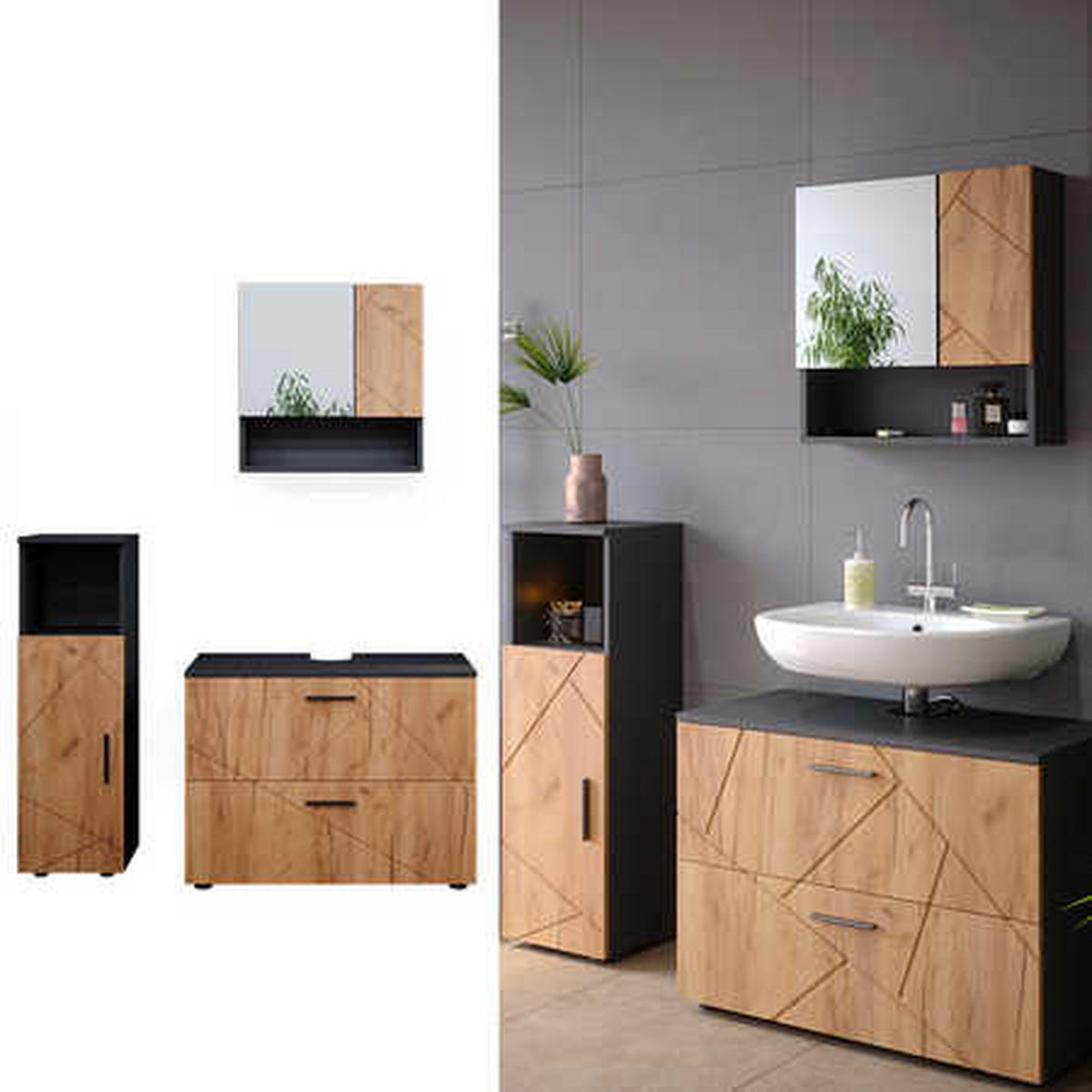 BADMÖBEL-SET Irma Goldkraft Eiche/Anthrazit 3 Teile, mit Midischrank - Honigeiche/Anthrazit, Holzwerkstoff (80/58.6/41cm) - Vicco